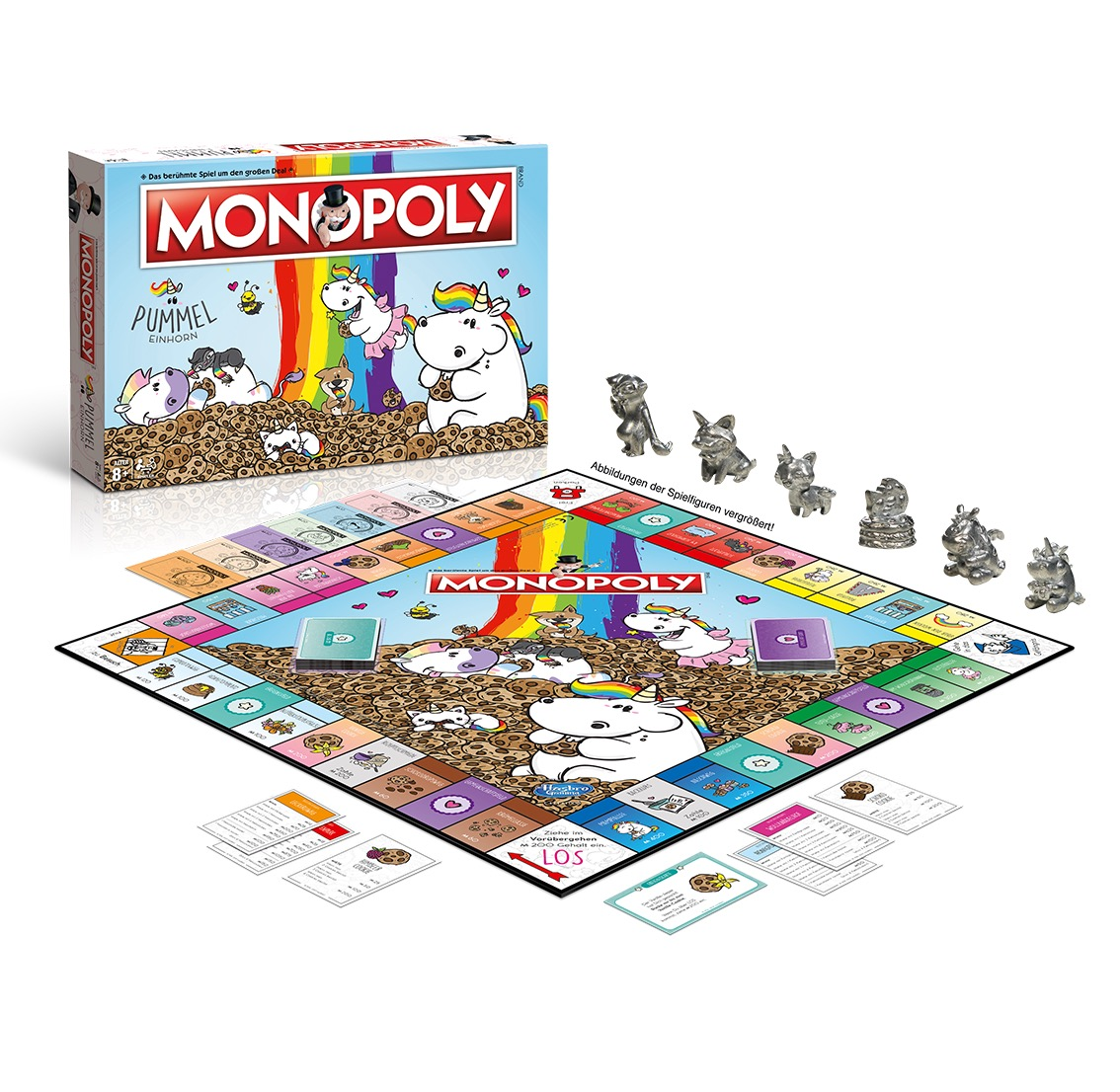 Monopoly-Brettspiel mit Einhorn-Thema. Brett, Spielsteine, Schachtel und Spielfiguren werden angezeigt.
