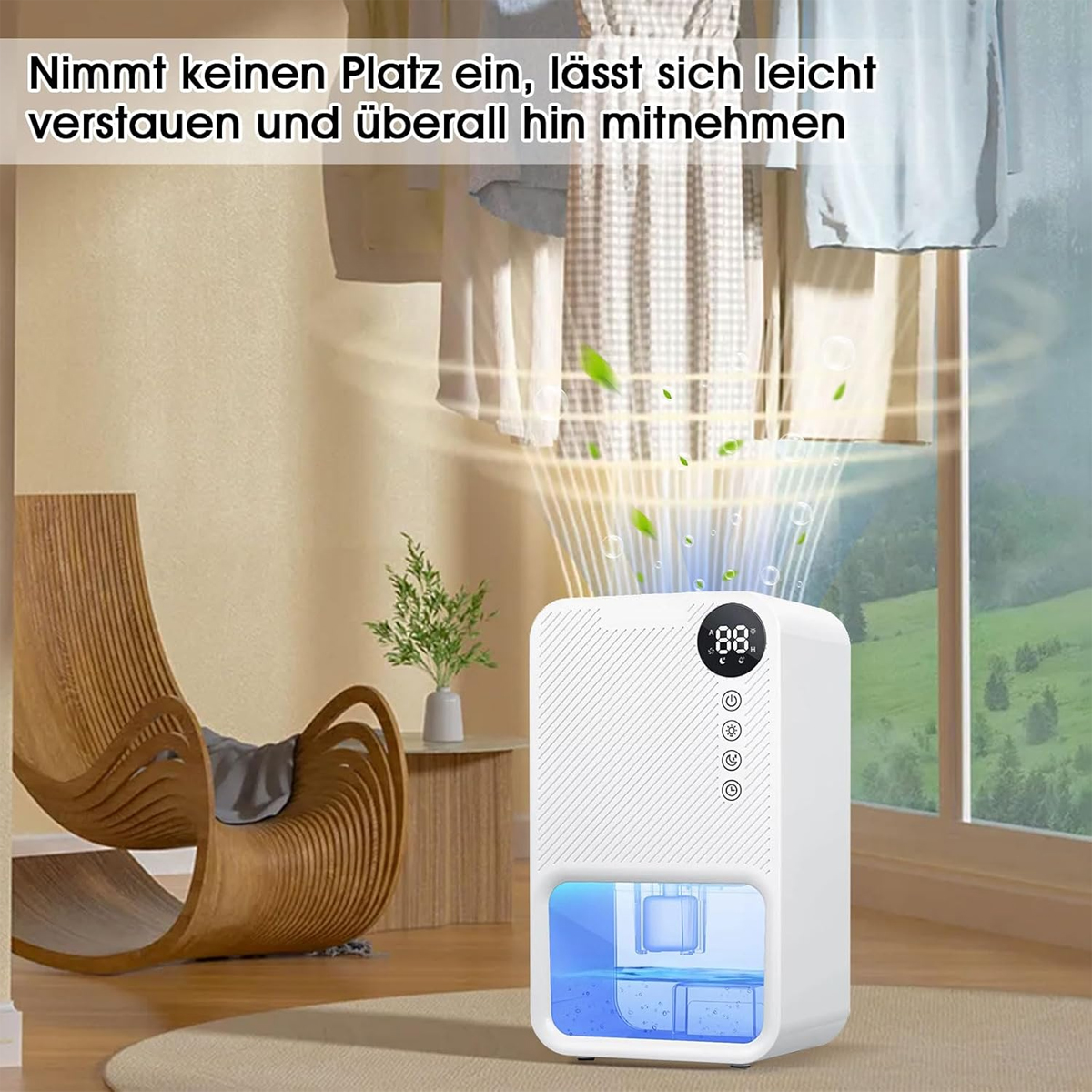 Weißer Luftentfeuchter mit Digitalanzeige. Hintergrund mit Fenster, Stuhl und Wäsche.
