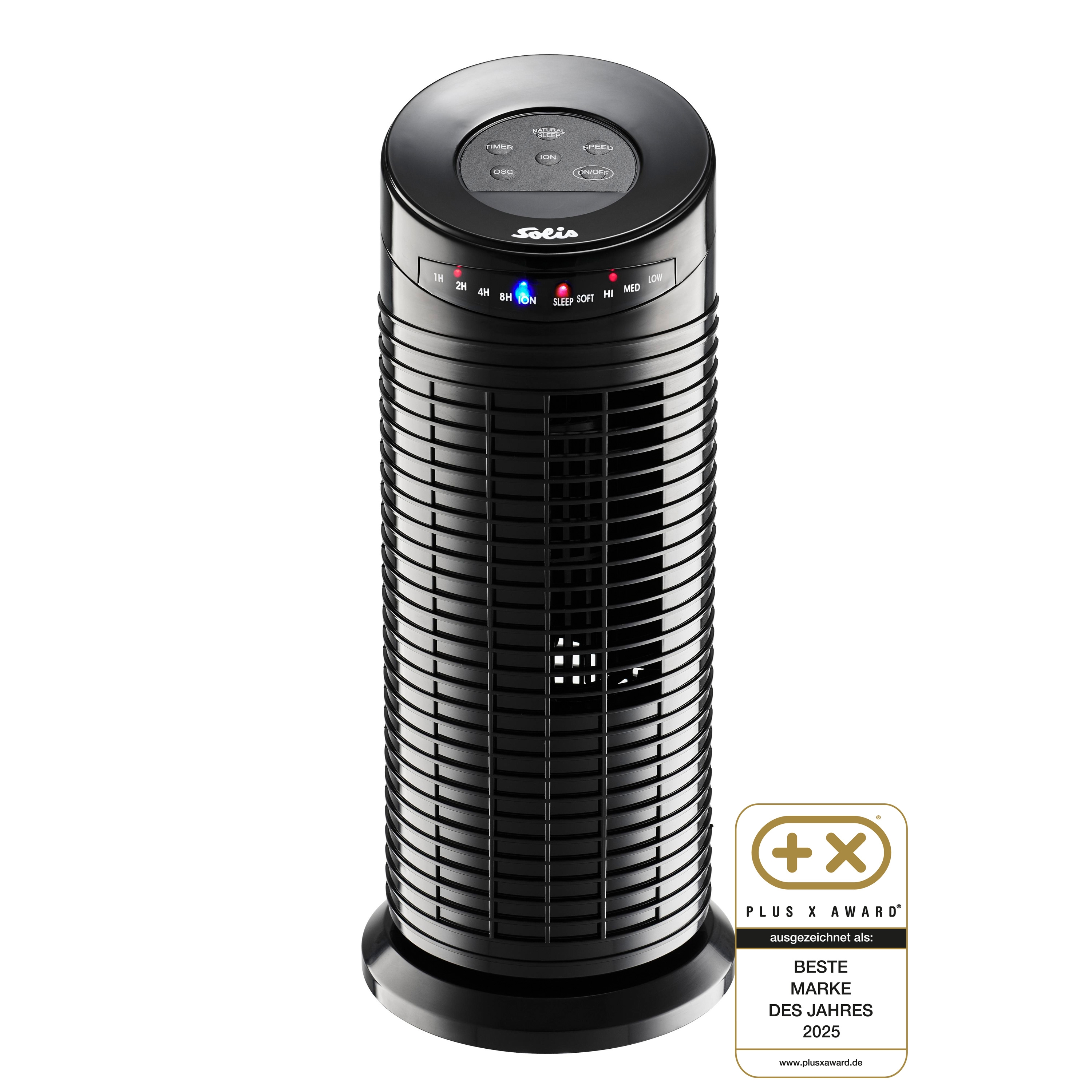 Schwarzer Turmventilator mit schwarzem Sockel und Bedienfeld.