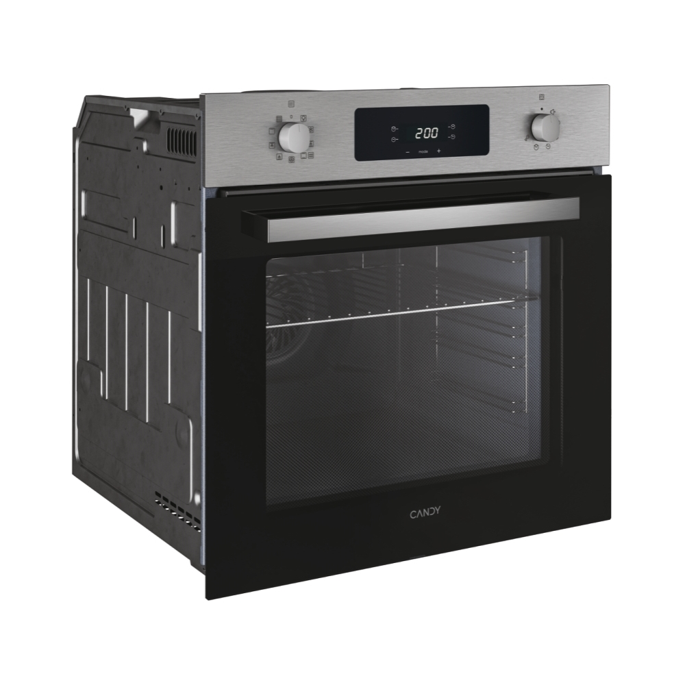Horno plateado y negro con pantalla digital y puerta de cristal, sobre fondo blanco.