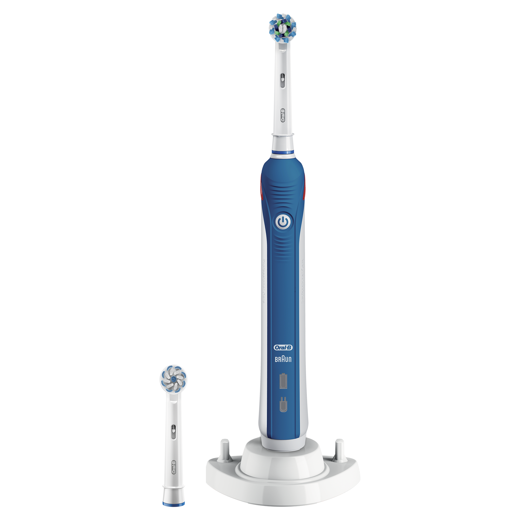 Niebiesko-biała elektryczna szczoteczka do zębów ze stacją ładującą i dodatkową główką.
