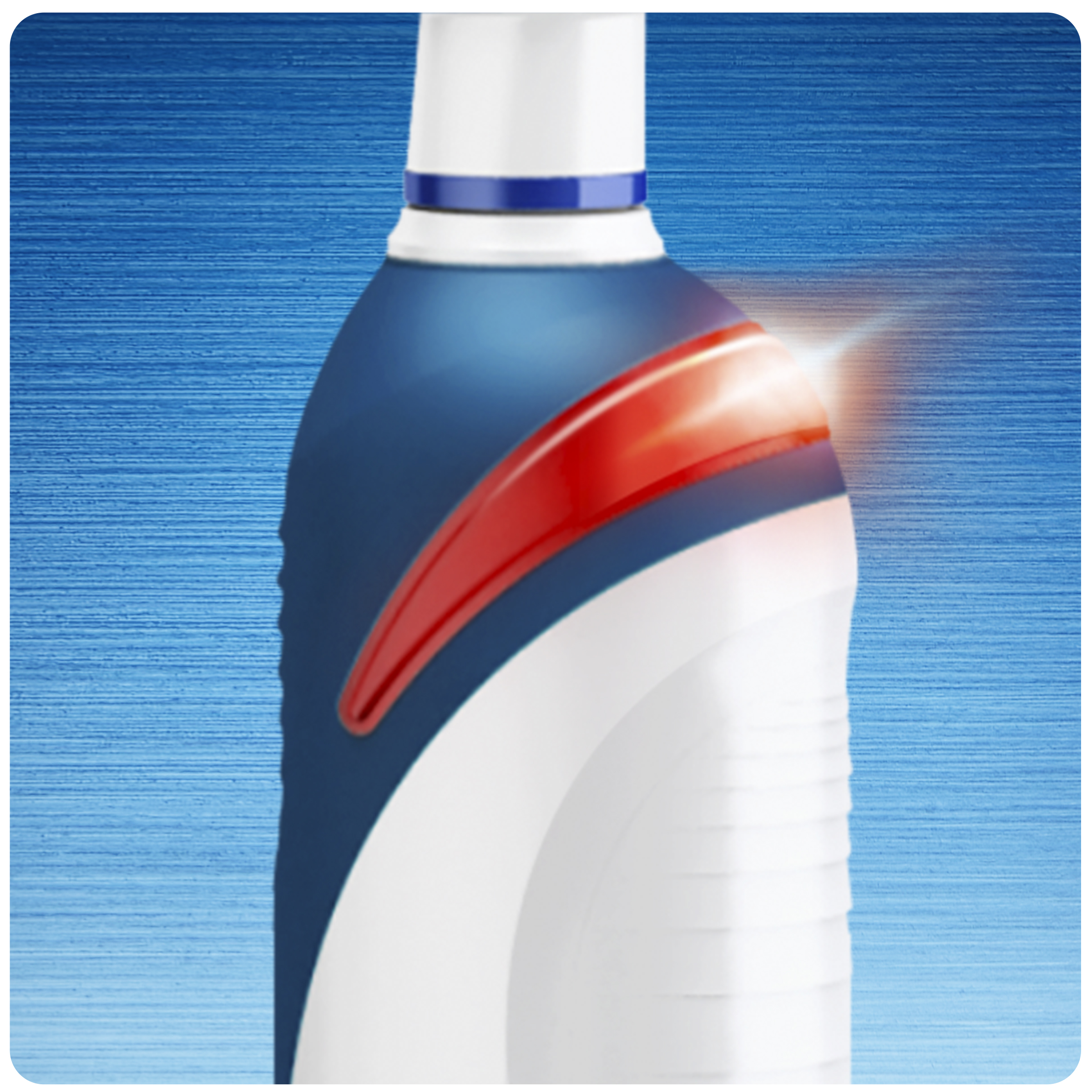 Zbliżenie szczoteczki elektrycznej, z niebiesko-białym uchwytem i czerwonym akcentem.