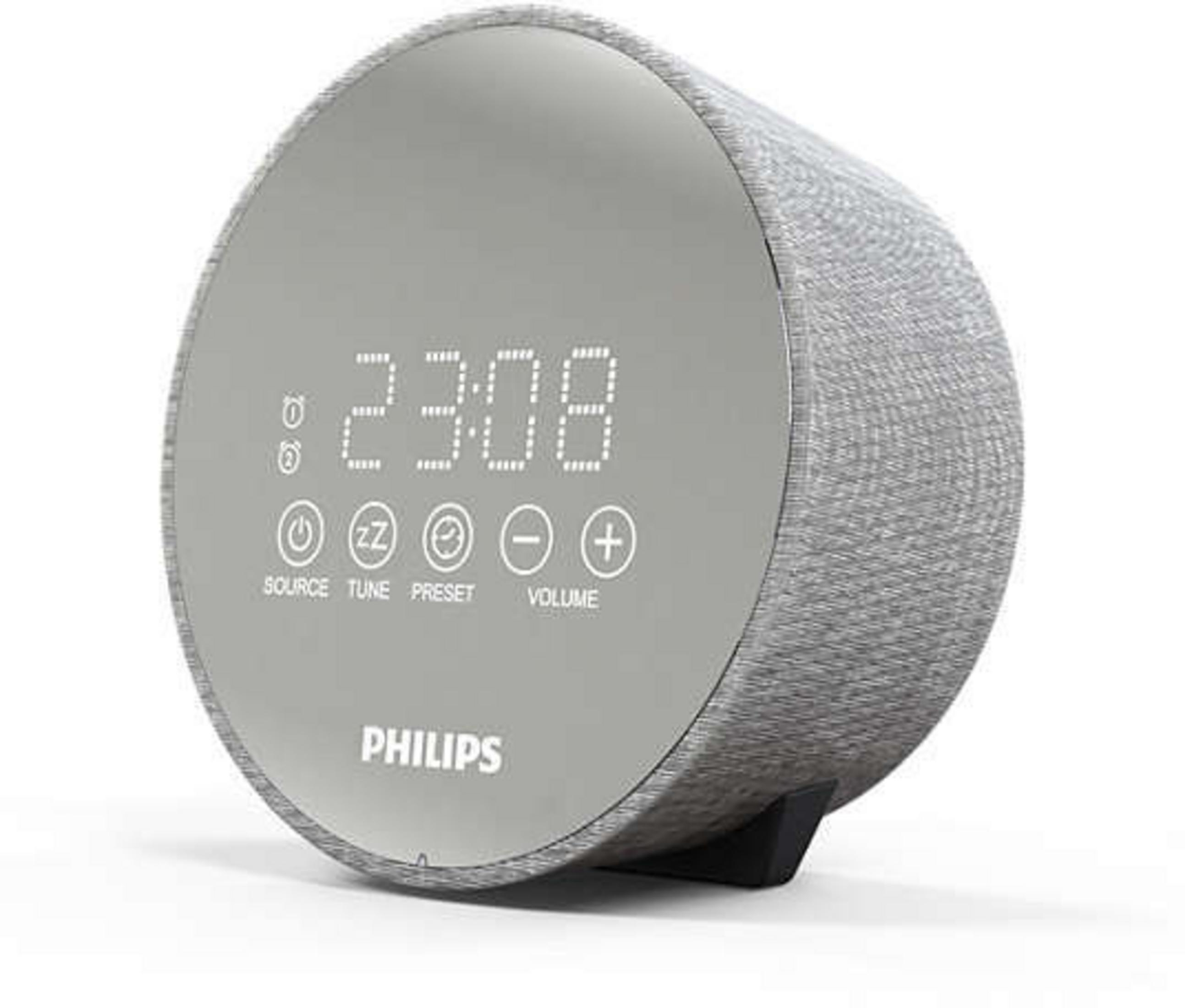 Ein graues Philips-Radiowecker mit Digitalanzeige, die Uhrzeit und Funktionstasten anzeigt.