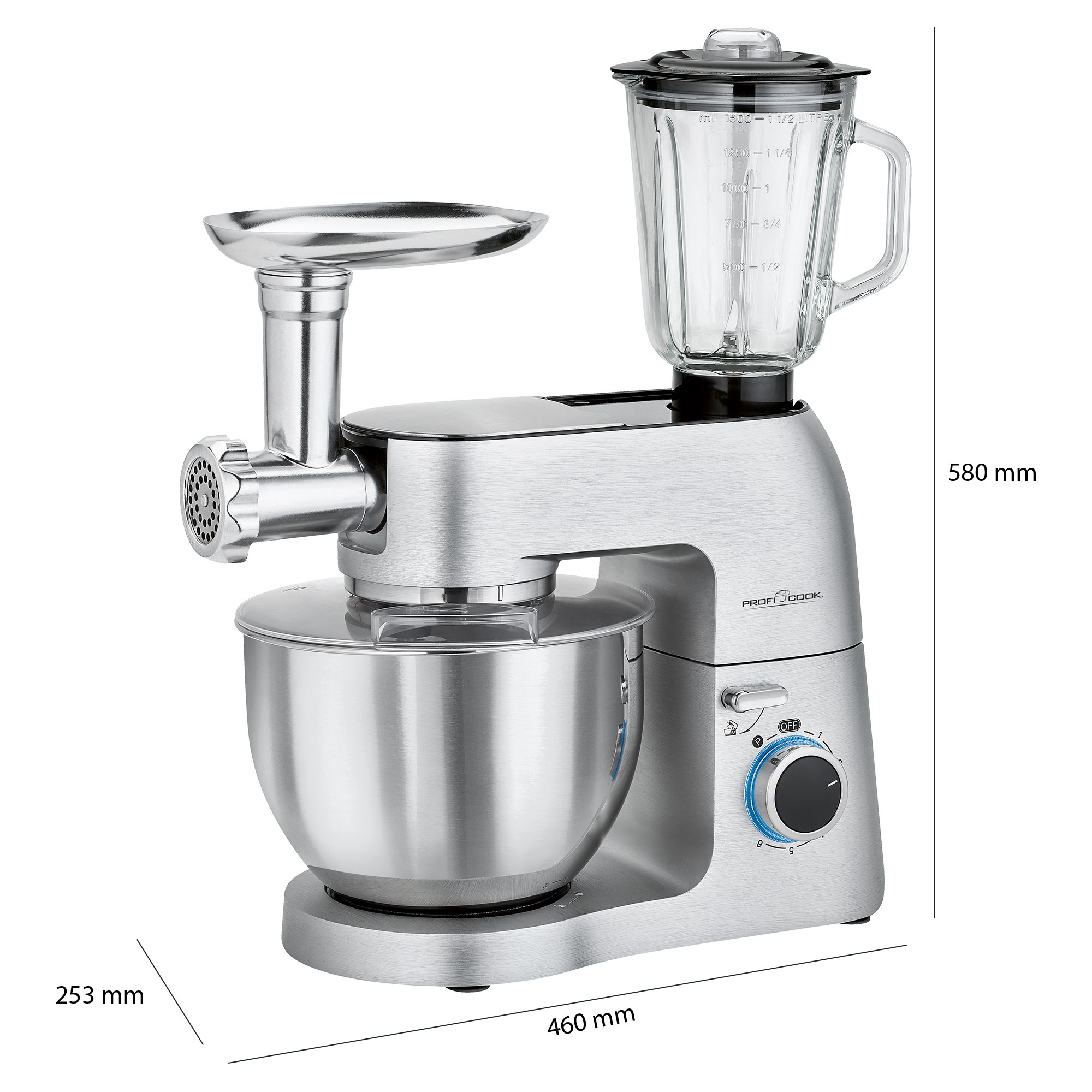 Srebrna maszyna kuchenna z maszynką do mięsa, blenderem i misą do mieszania z wymiarami.