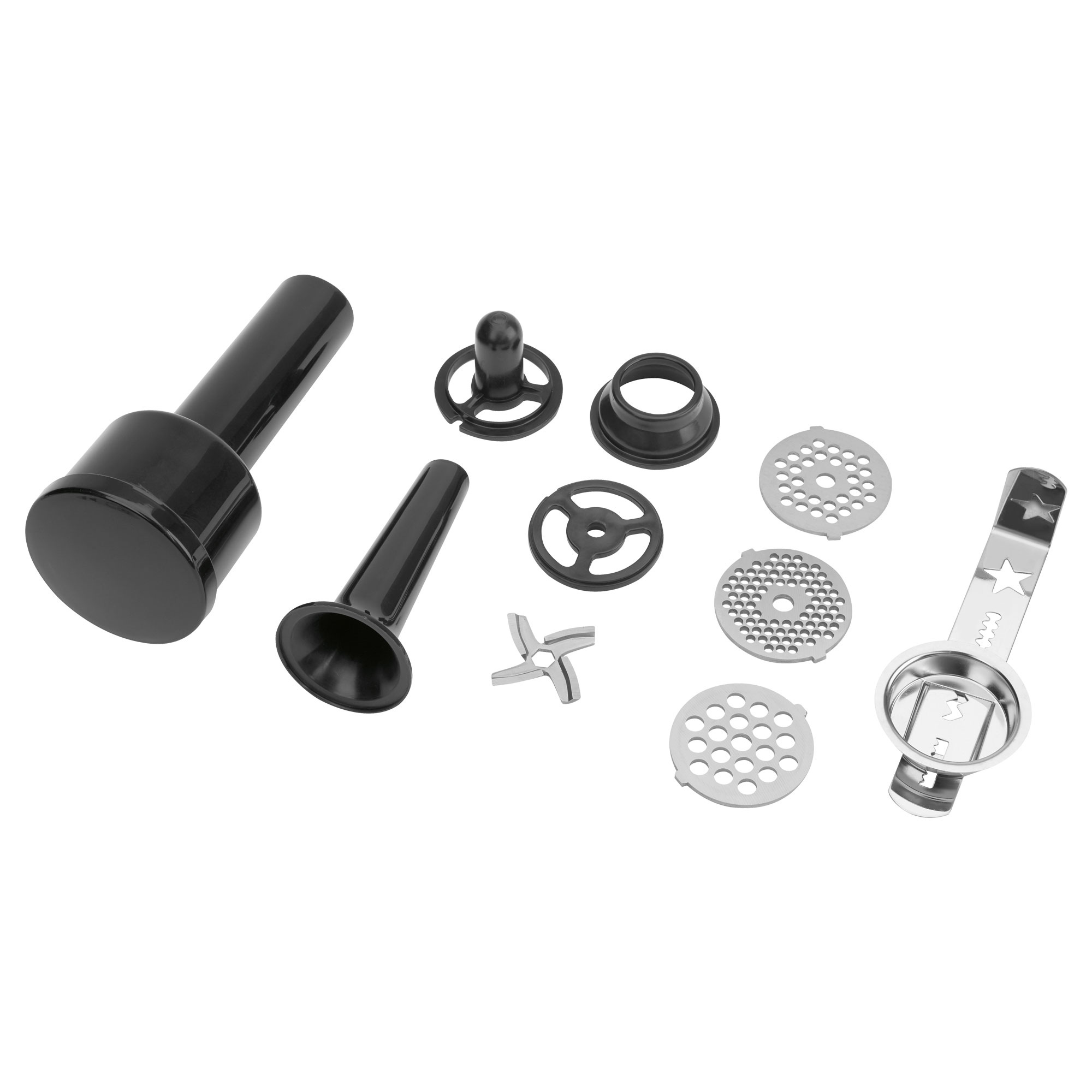 Maszynka do mięsa z czarnymi i srebrnymi częściami, w tym różnymi ostrzami i akcesoriami, leży na białej powierzchni.