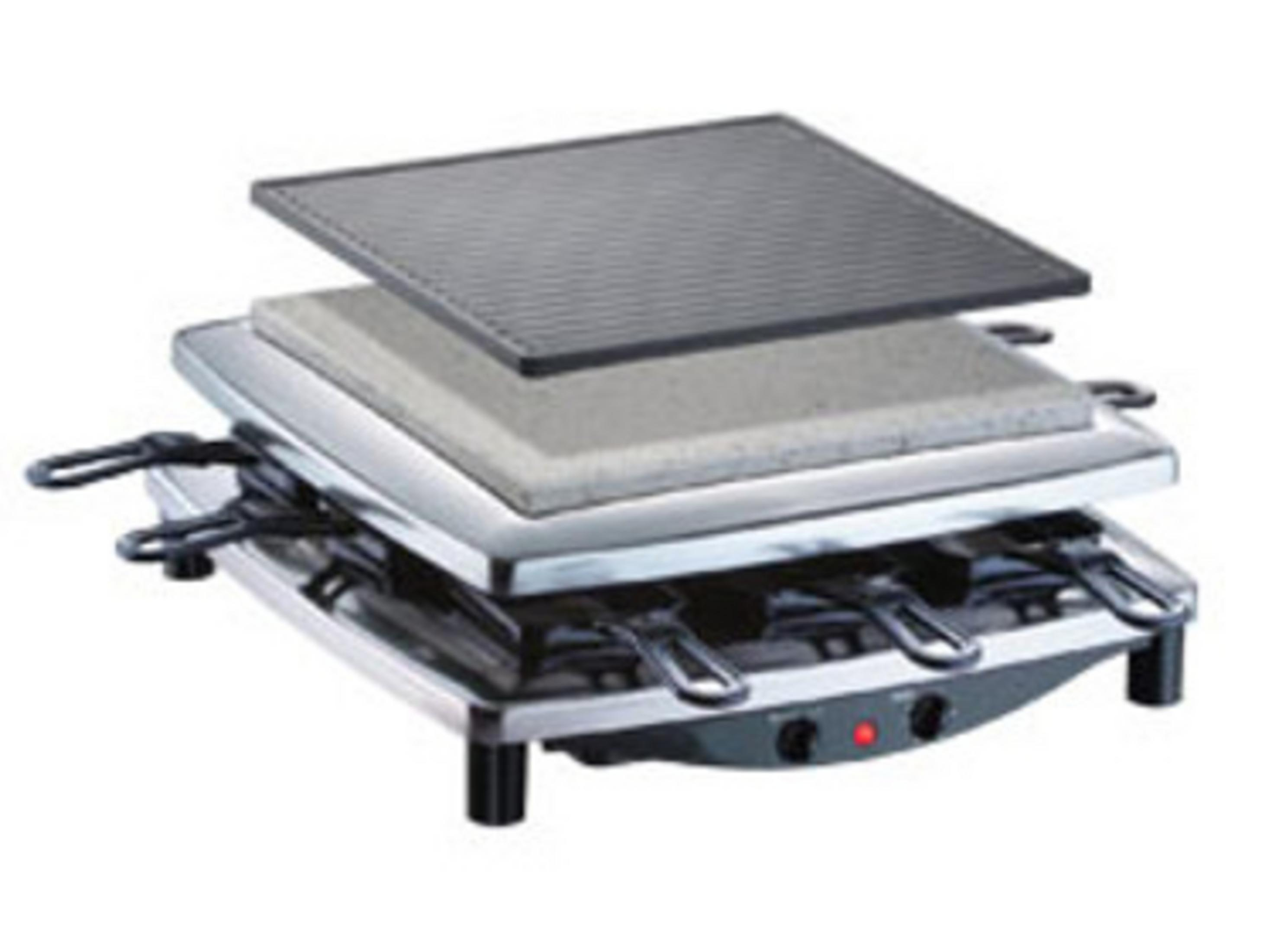 Una griglia per raclette con pietra e piastra superiore. Ci sono maniglie e una luce rossa.