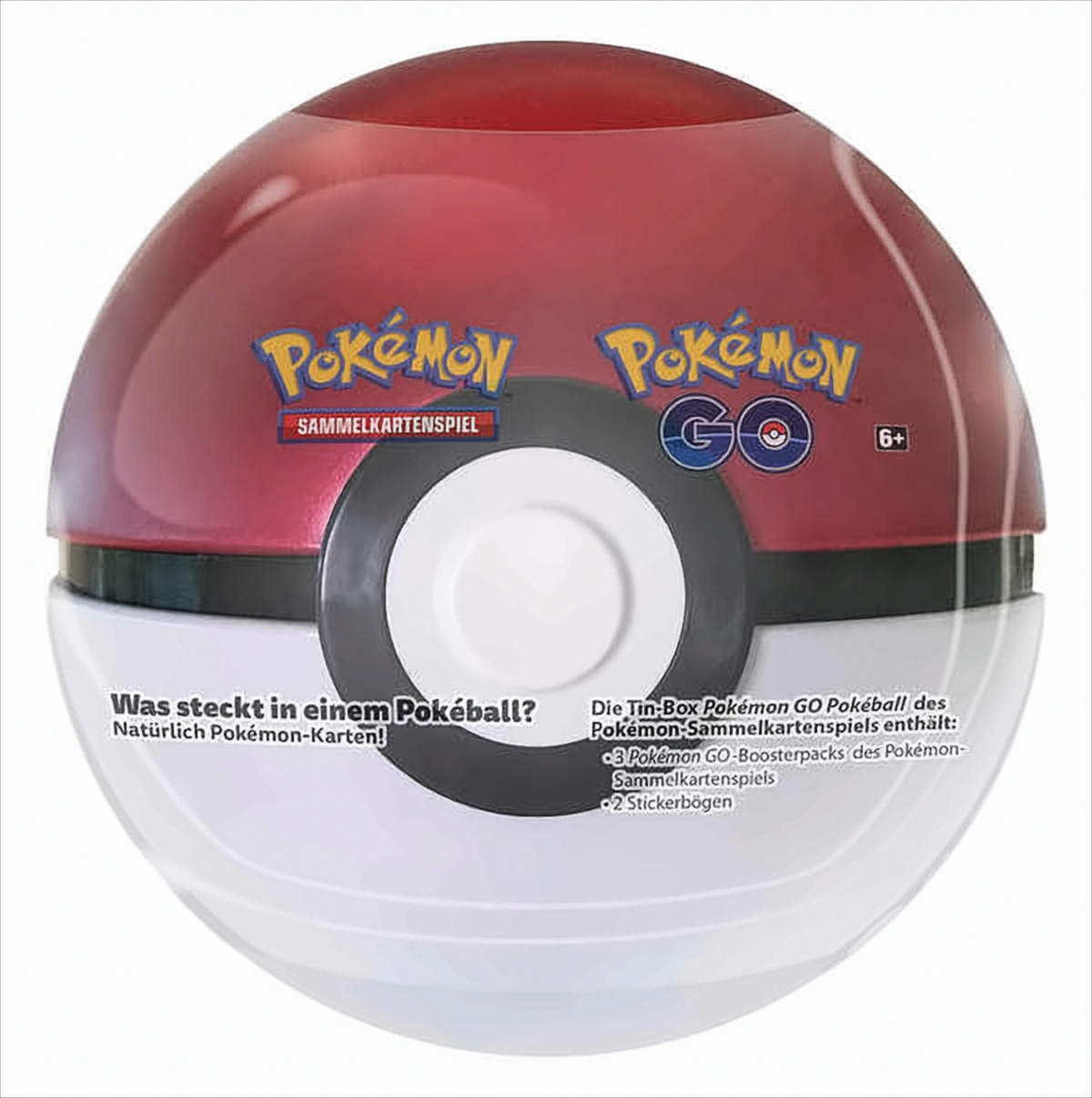 Pokeball-Spielzeugverpackung. Roter und weißer Ball mit Logo und Text.