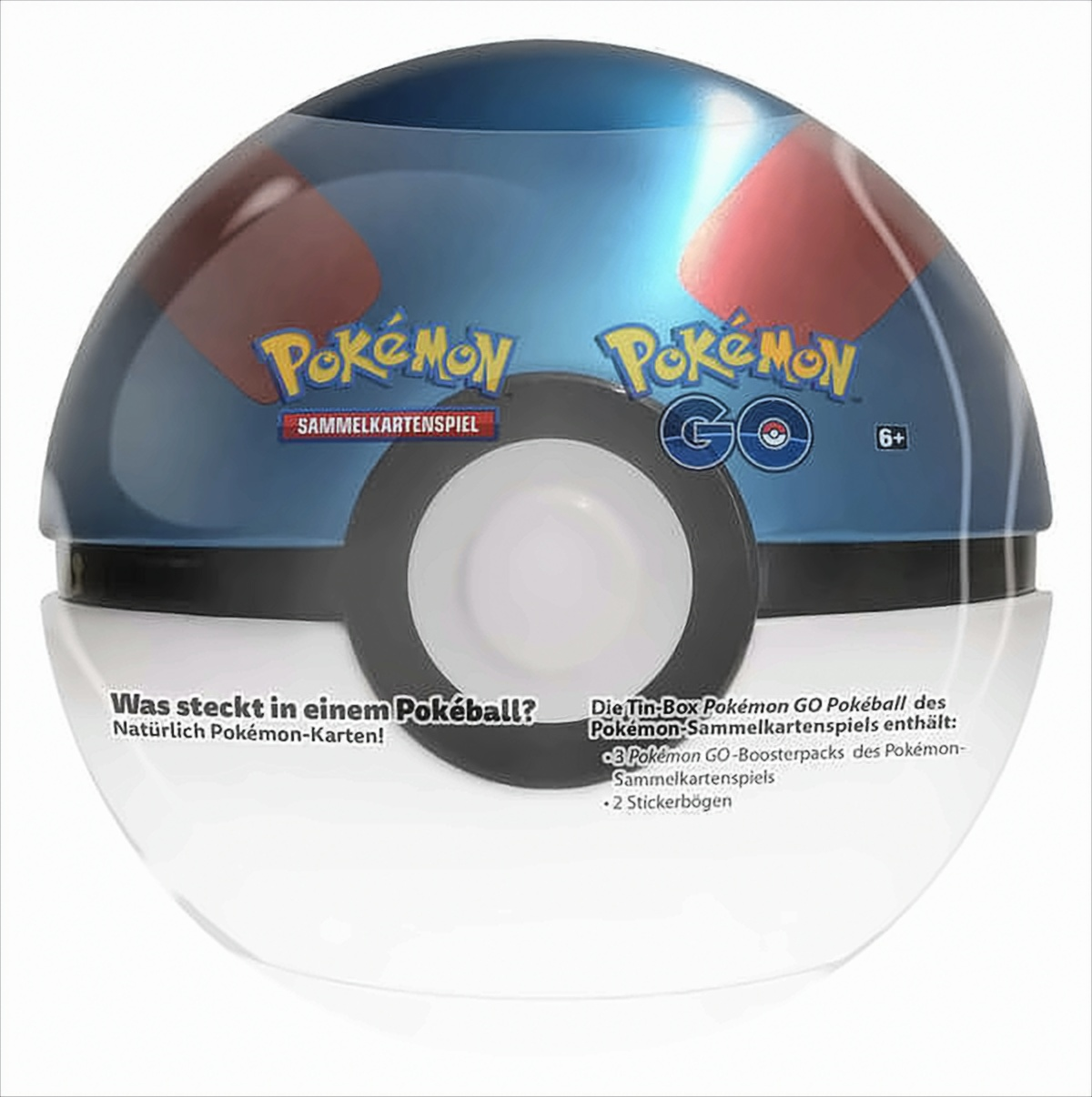 Pokémon GO Pokéball. Blaue und weiße Kugel mit roten Akzenten. Text und Logo vorne. Weißer Hintergrund.