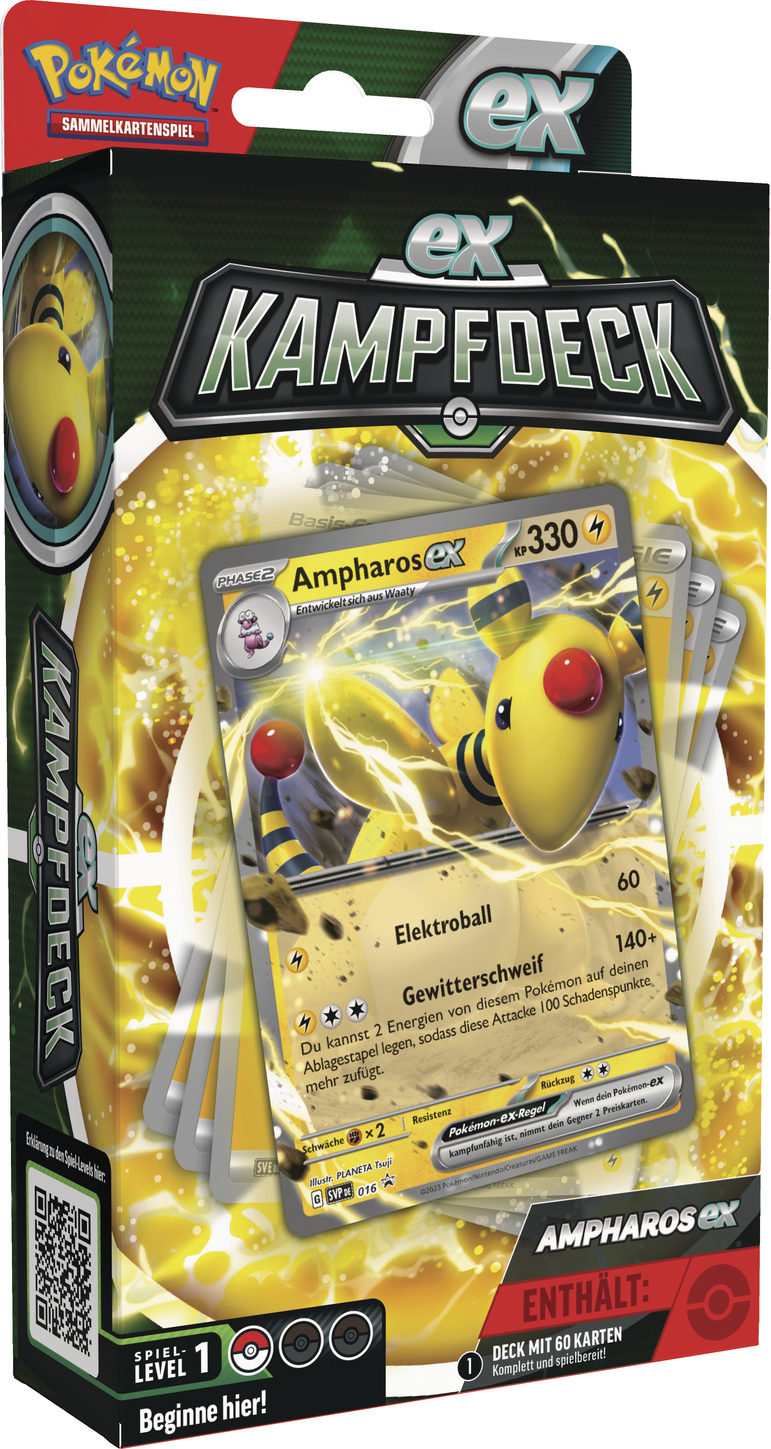 Pokemon ex Kampdeck-Box mit Ampharos ex-Karte und anderen Karten. Die Box ist grün und rot.