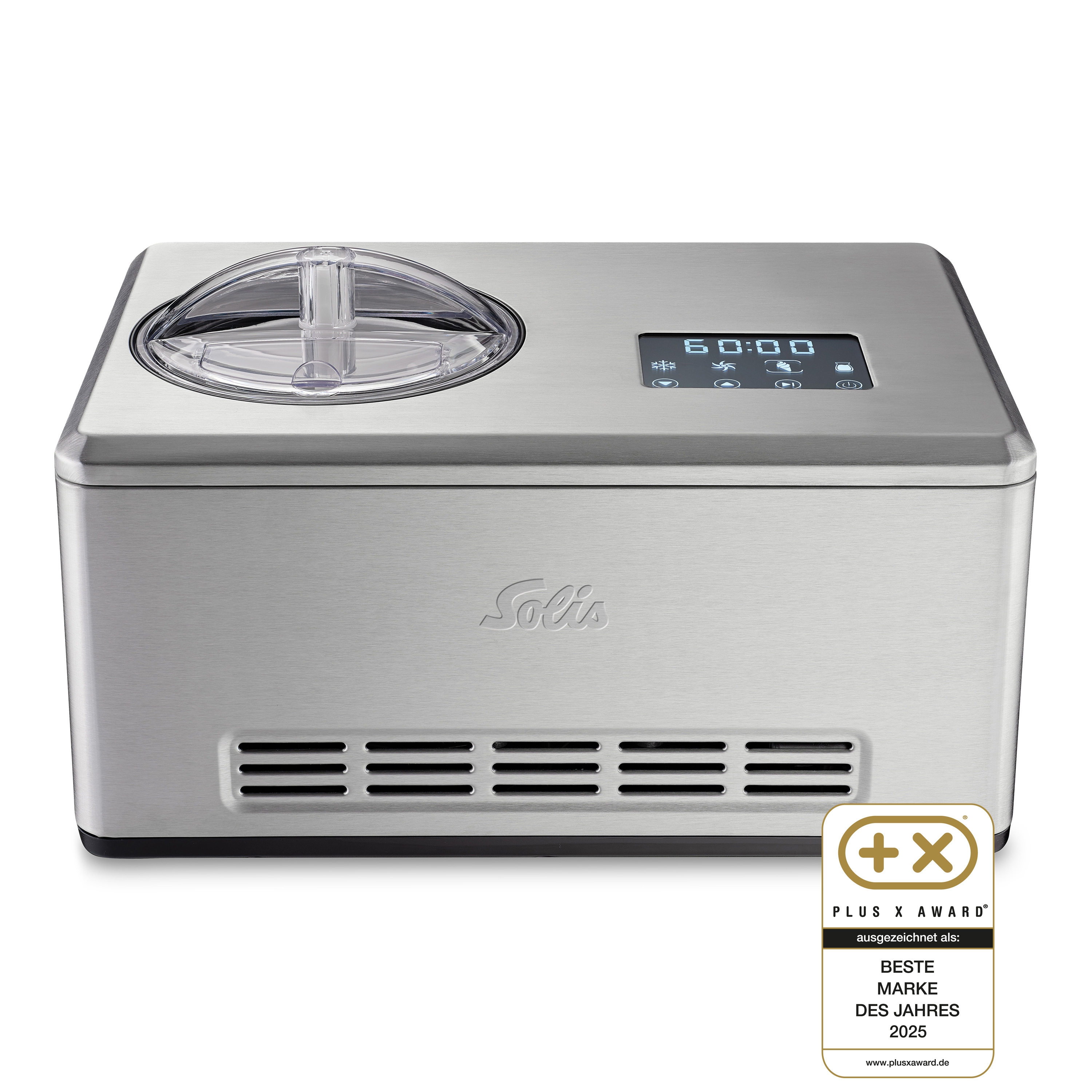 Silberne Eismaschine mit Digitalanzeige und Plus X Award-Label. Marke Solis.
