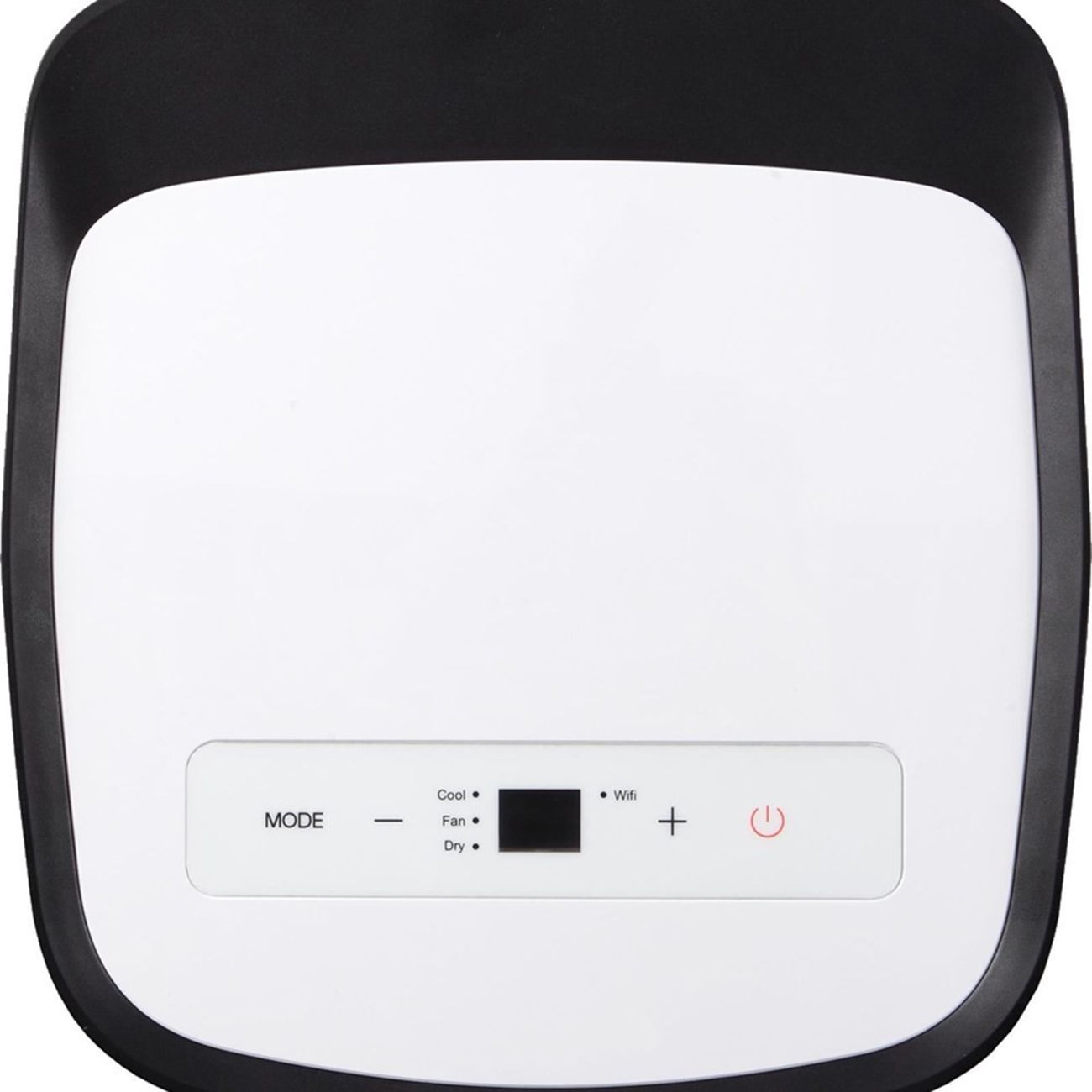 Weißes Bedienfeld mit schwarzem Rand, Modus-, Kühl-, Lüfter-, Trocken-, WLAN- und Ein-/Aus-Tasten.