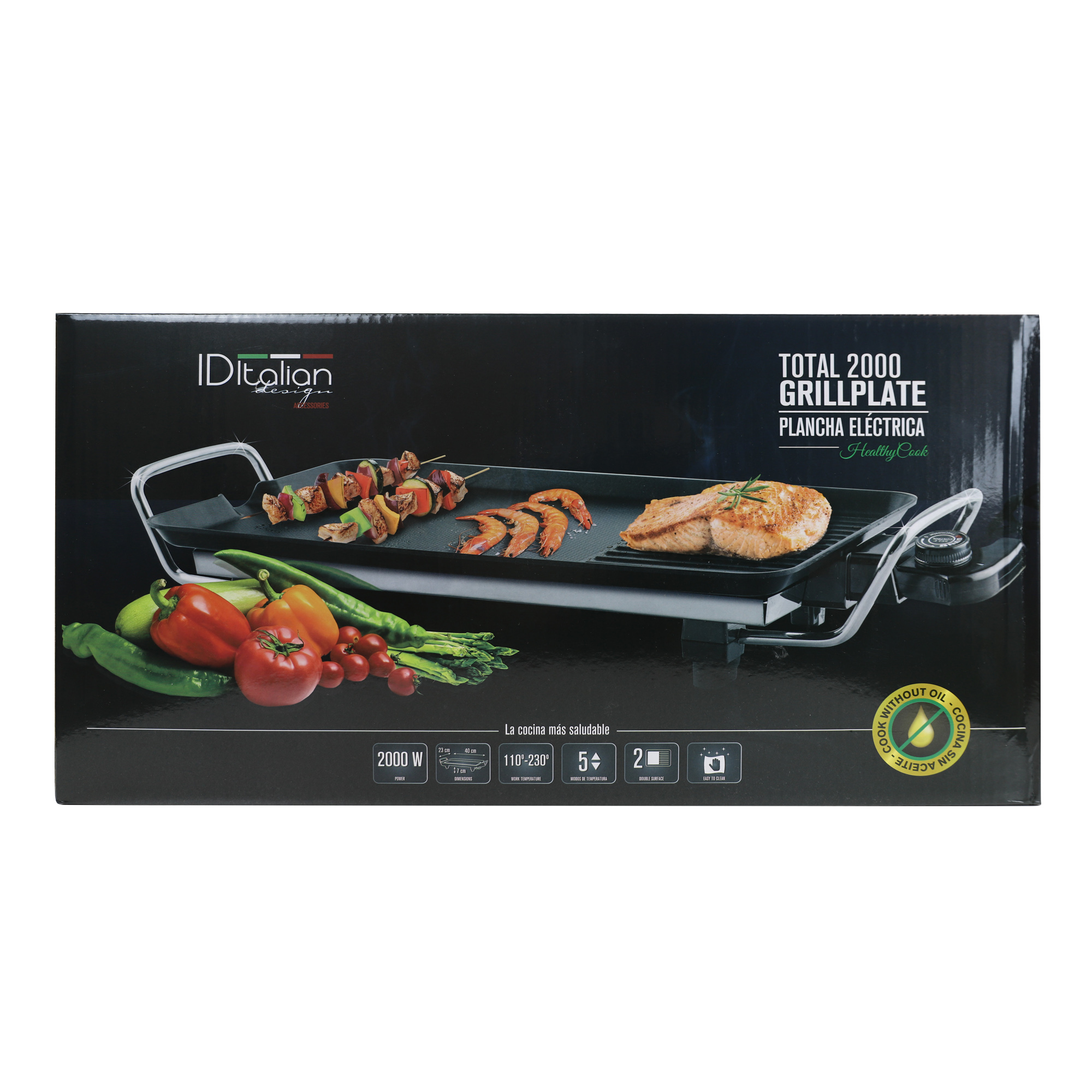 Grill elektryczny z jedzeniem, warzywami i tekstem na pudełku.