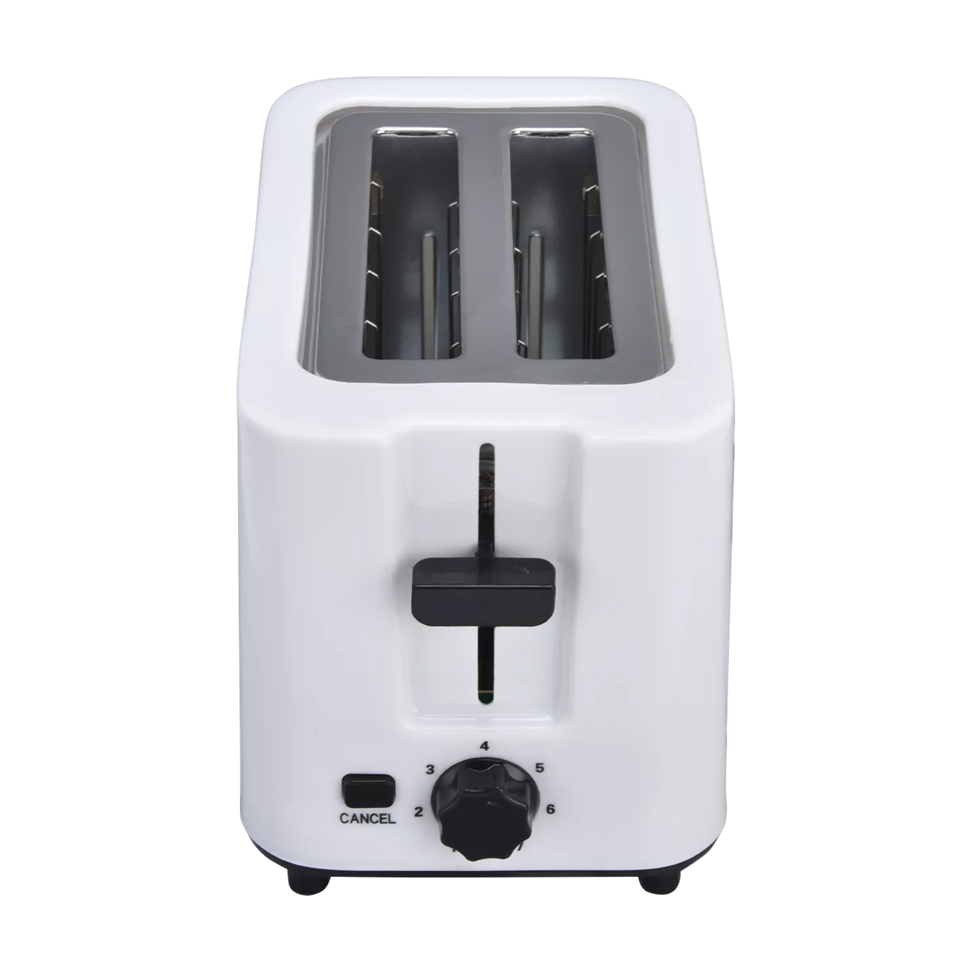 Biały toster z dwoma otworami, pokrętłem do ustawiania stopnia opiekania i przyciskiem anulowania.