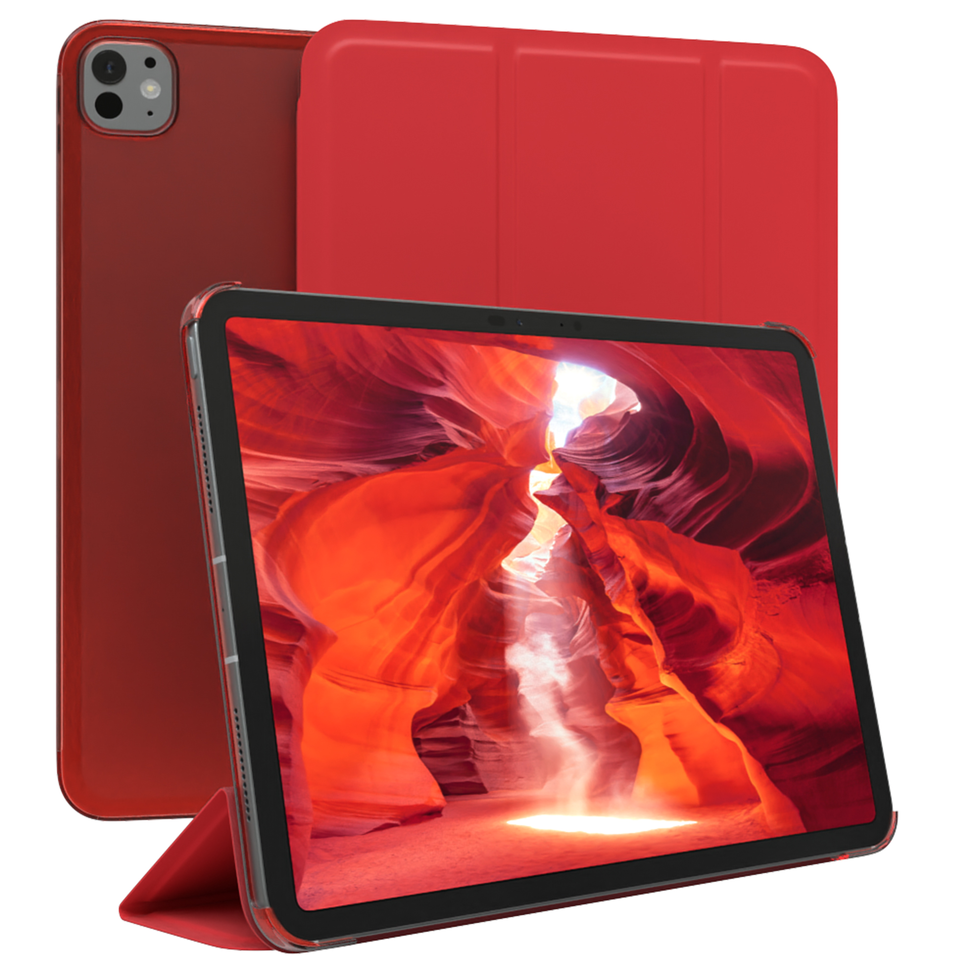 Ein rotes iPad mit roter Hülle. Der Bildschirm zeigt ein Bild eines Canyons.