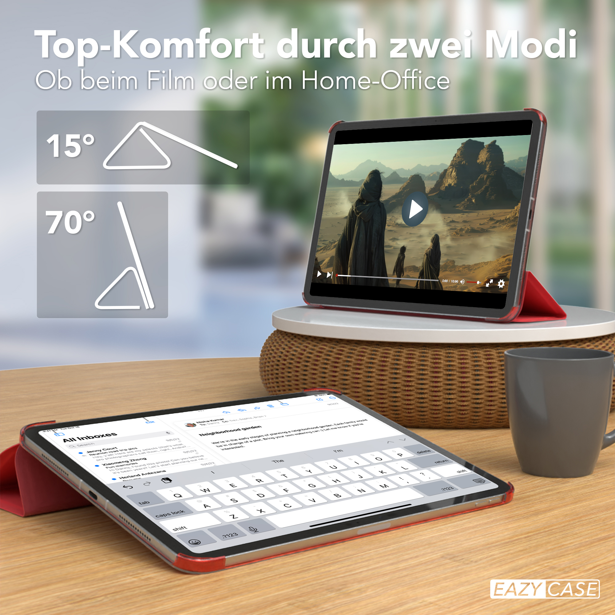 Tablets in rotem Gehäuse auf einem Holztisch, mit Text und Diagrammen.