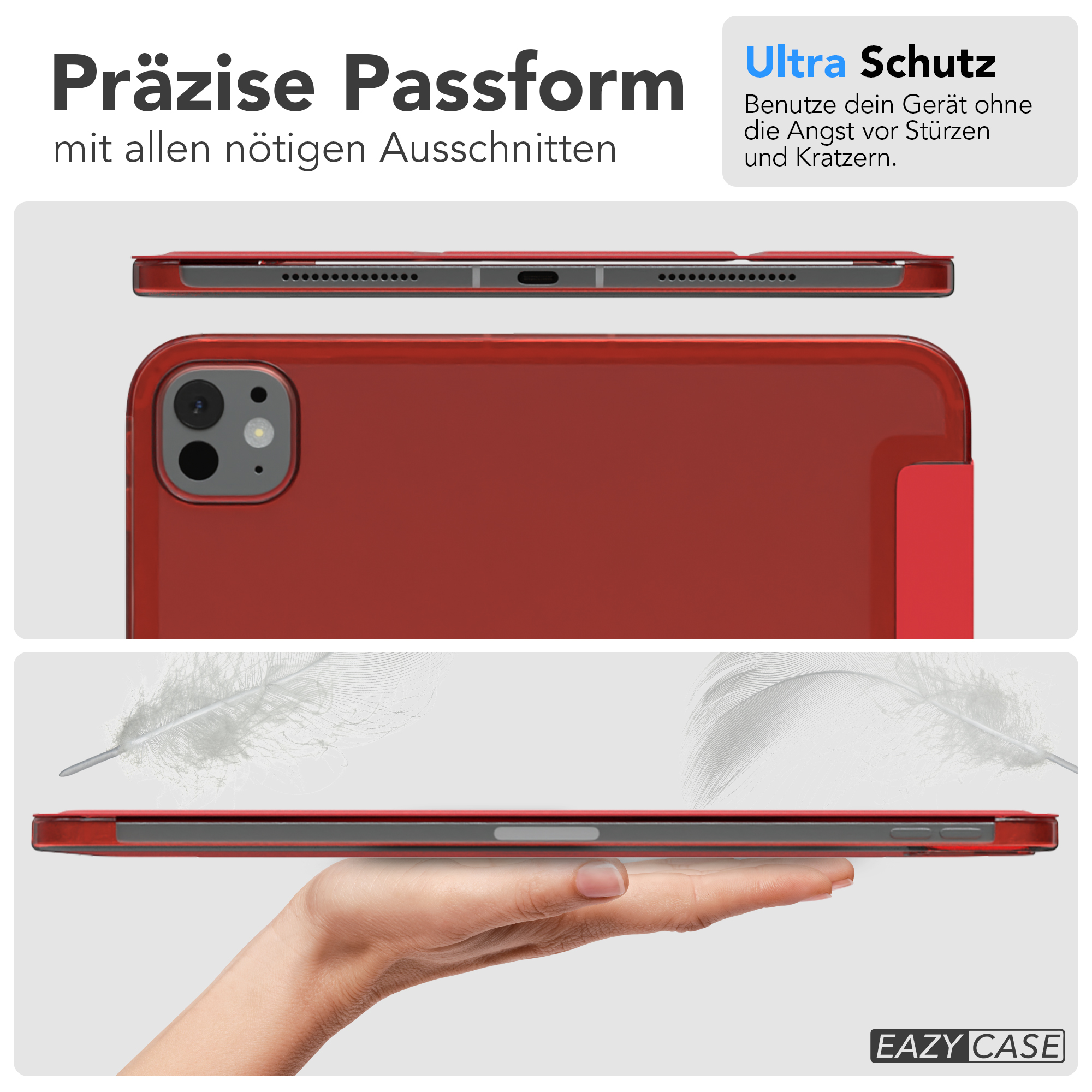 Rote iPad-Hülle. Draufsicht, Seitenansicht und Hand, die sie hält. Text lautet 'präzise Passform' und 'Ultra-Schutz'.