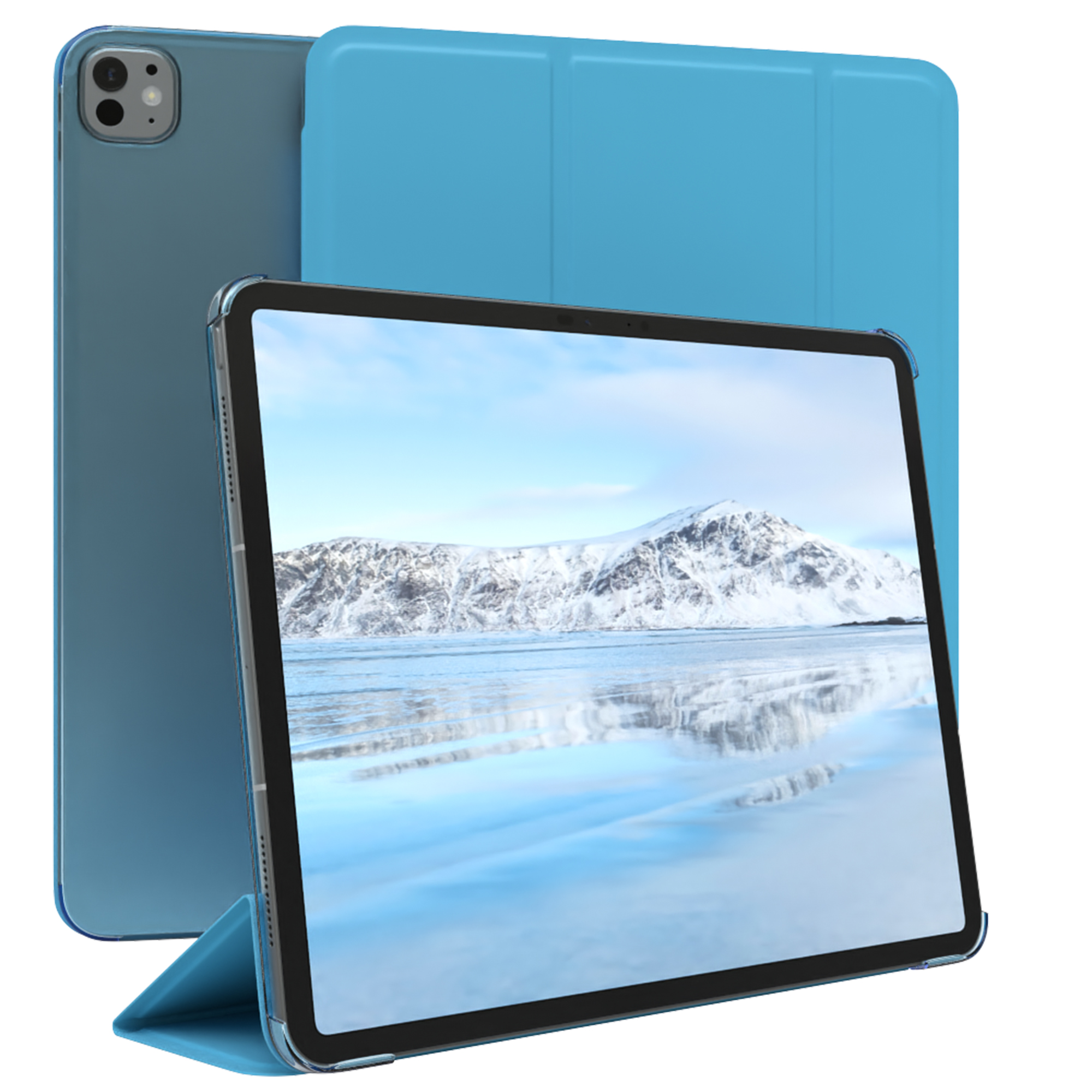 Blaues Tablet mit Hülle. Der Bildschirm zeigt eine schneebedeckte Landschaft. Hülle ist zum Aufstellen gefaltet.