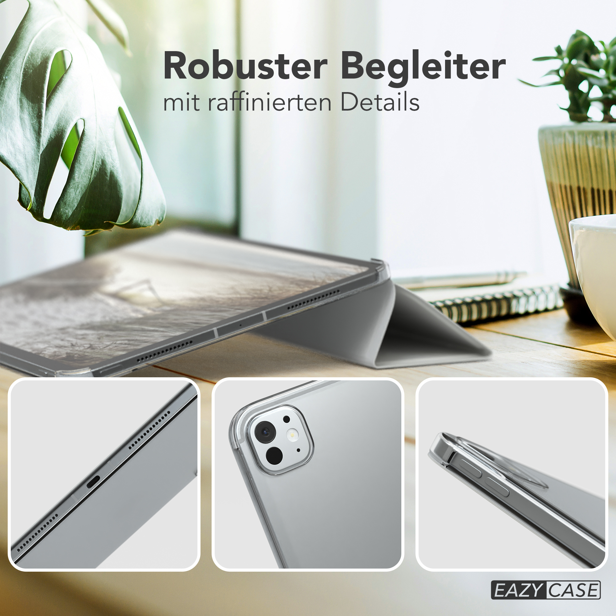 Tablet mit transparenter Hülle und drei Detailbildern: Anschlüsse, Tasten und Kantenansicht.