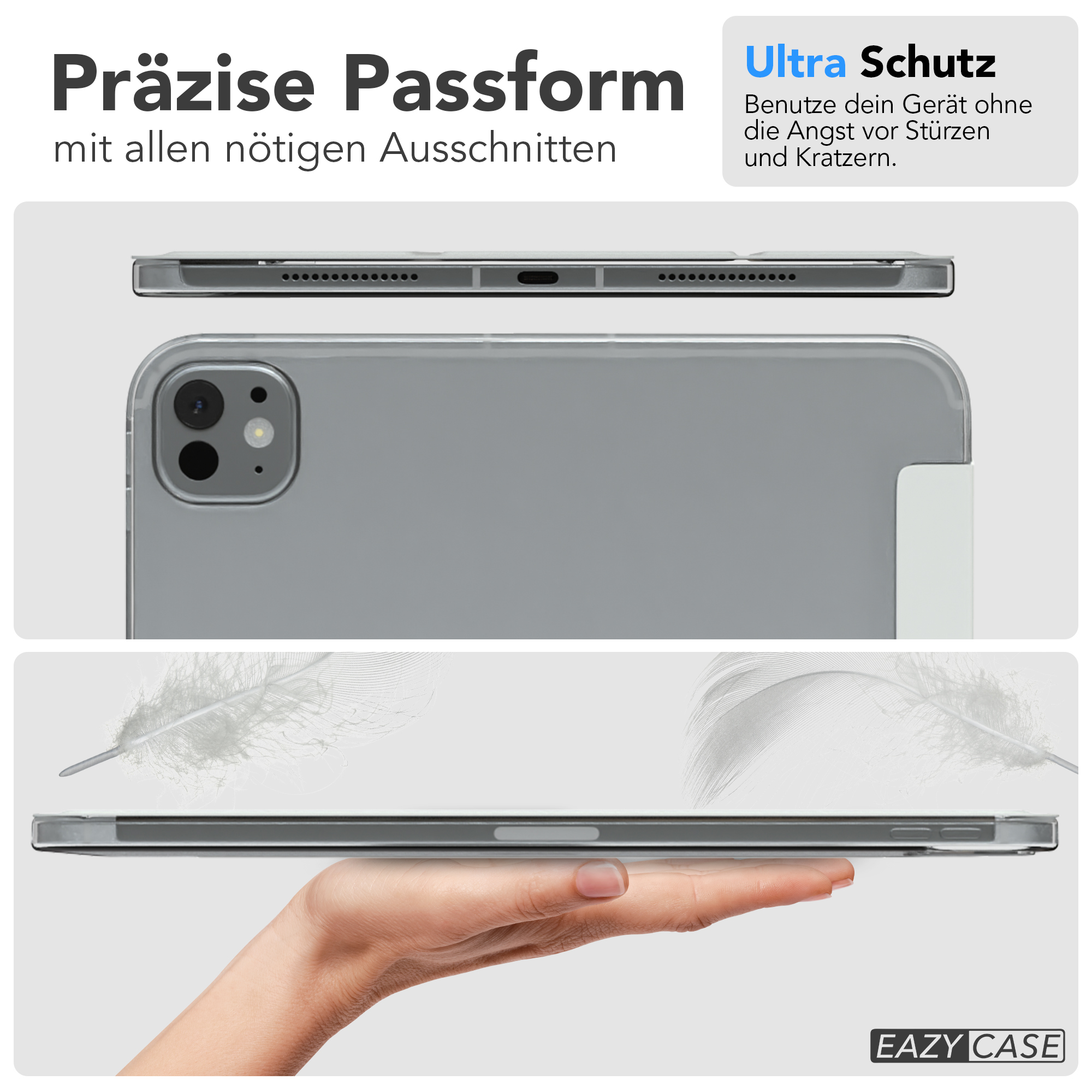 Drei Ansichten eines grauen Tablets in einer transparenten Hülle. Text: Präzise Passform, Ultra-Schutz, EAZY CASE.