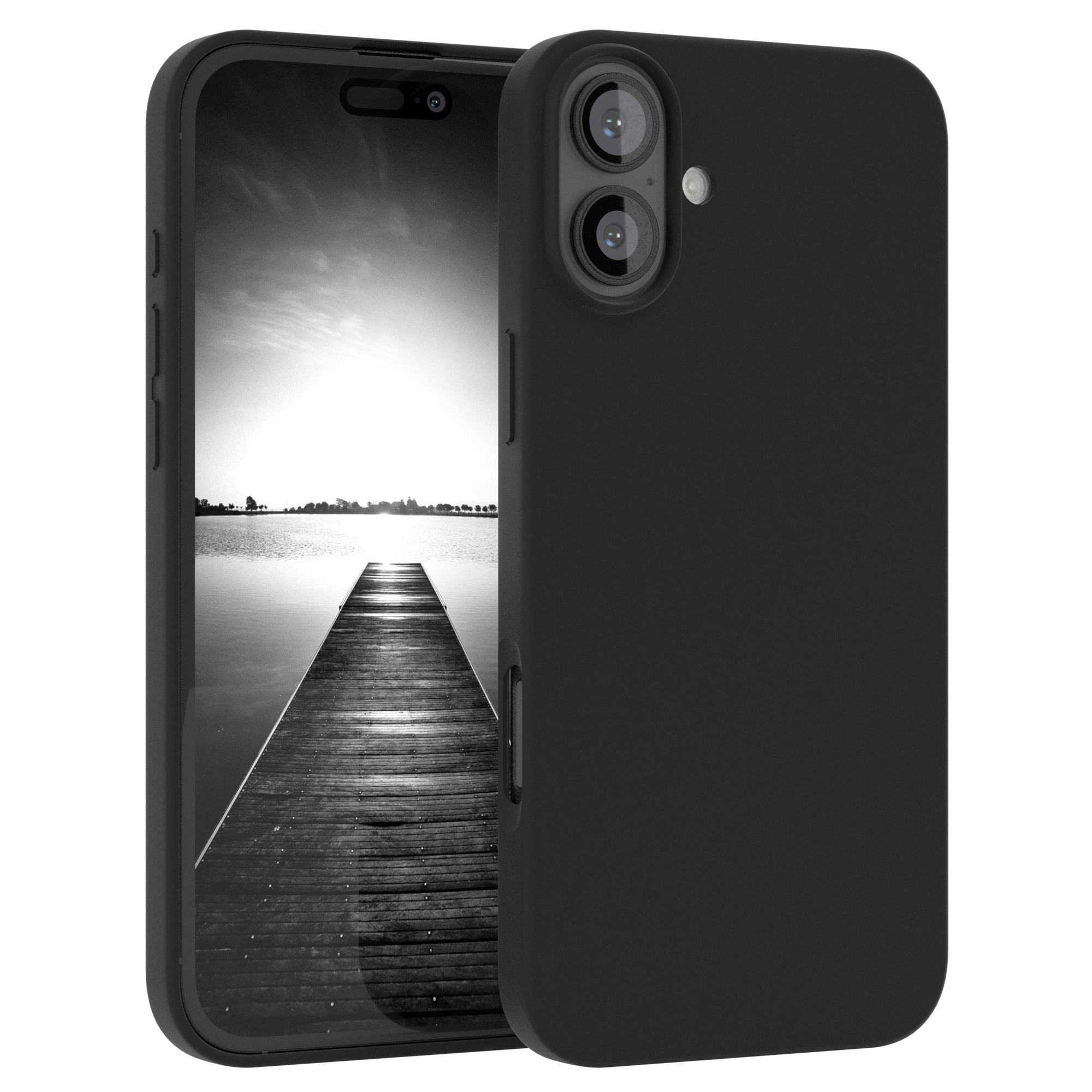 Schwarzes iPhone in schwarzer Hülle. Telefon zeigt eine Schwarz-Weiß-Seelandschaft. Hülle bedeckt das Telefon.