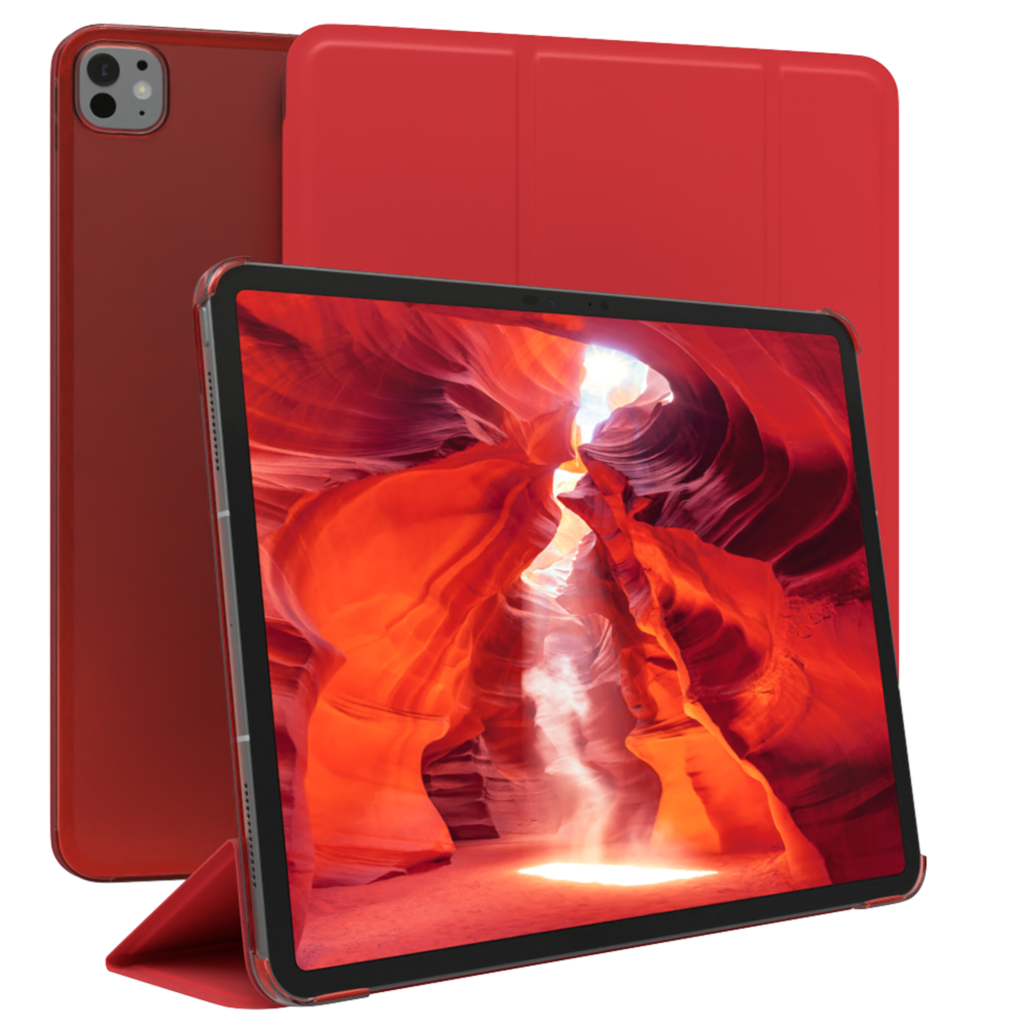 Rotes Tablet mit roter Hülle. Der Bildschirm zeigt ein Canyon-Foto.