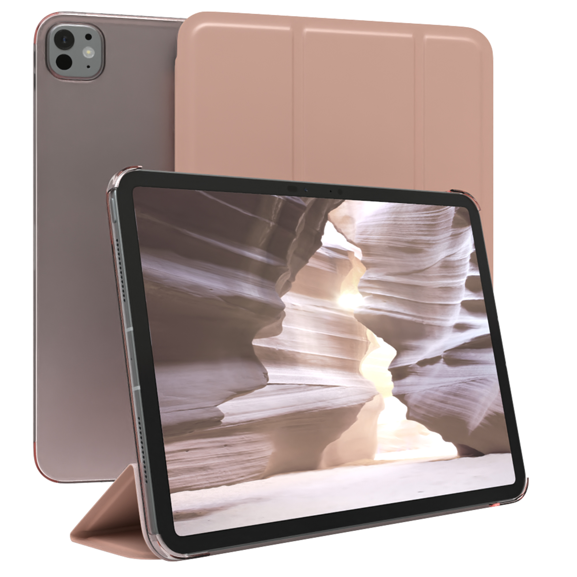 Ein Tablet mit geöffneter Hülle, das ein Bild eines Canyons zeigt. Ein weiteres Tablet dahinter.