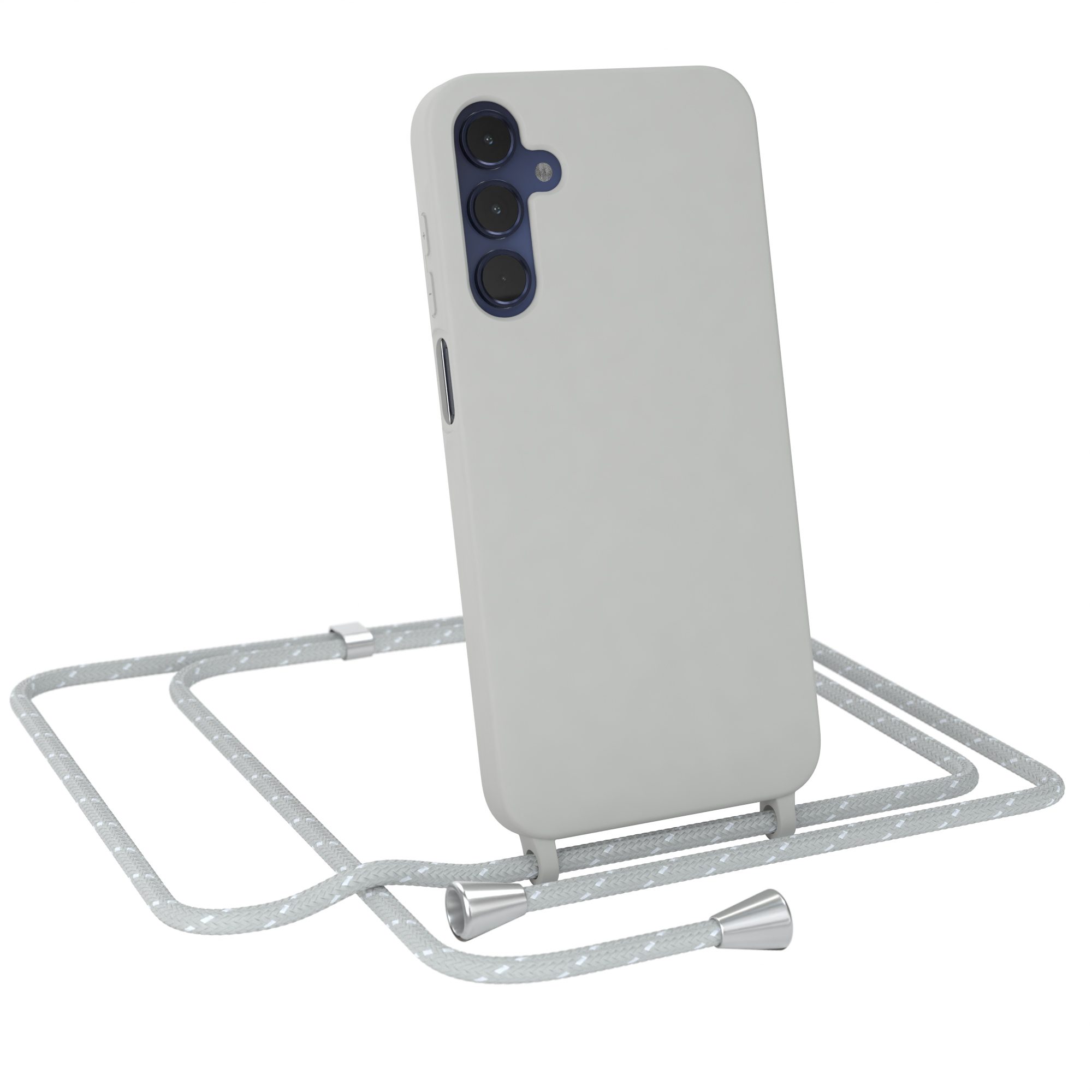 Eine hellgraue Handyhülle mit Umhängeband. Das Telefon hat drei Rückkameras.
