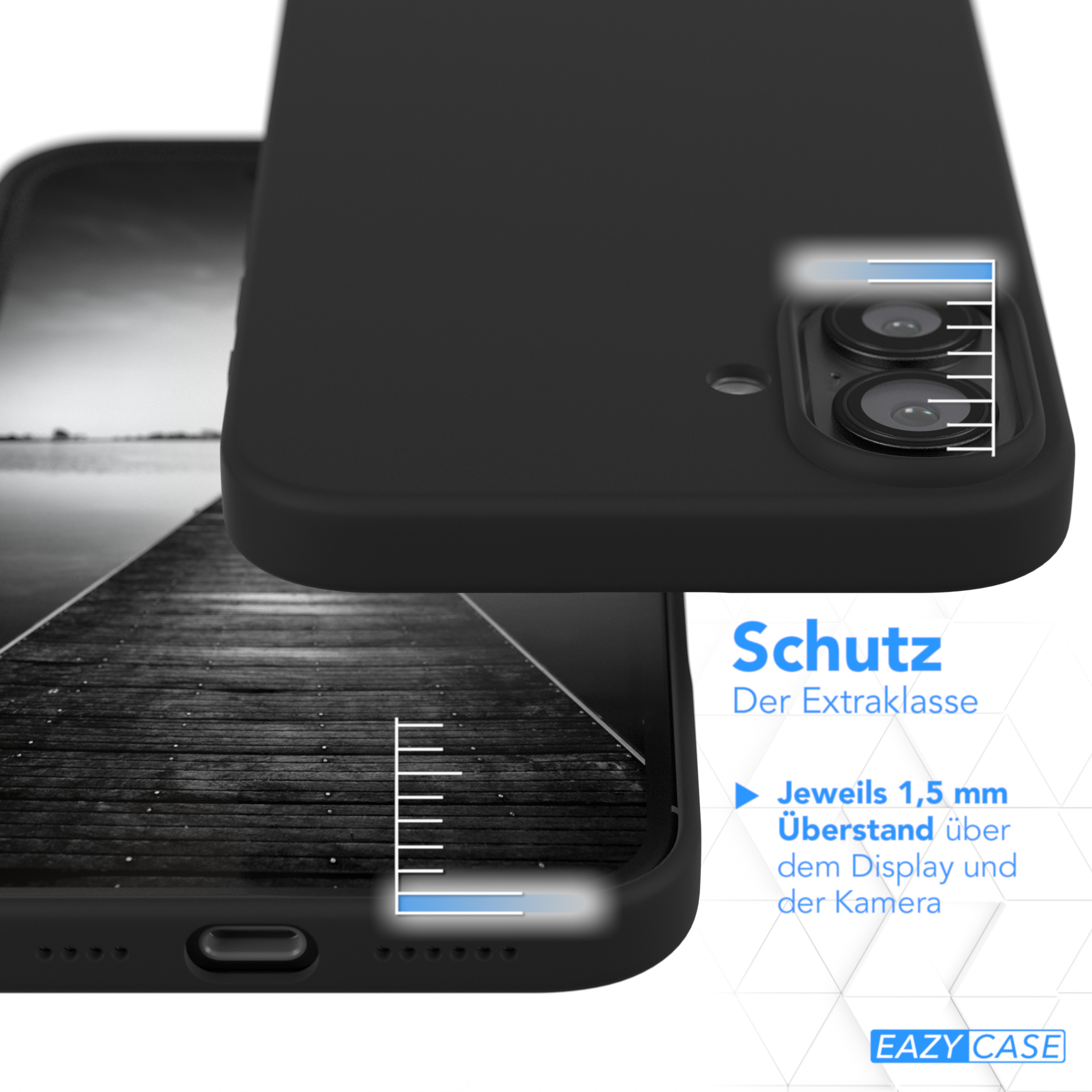 Eine schwarze Handyhülle neben einem Telefon, mit Text über Schutz und Messdetails.