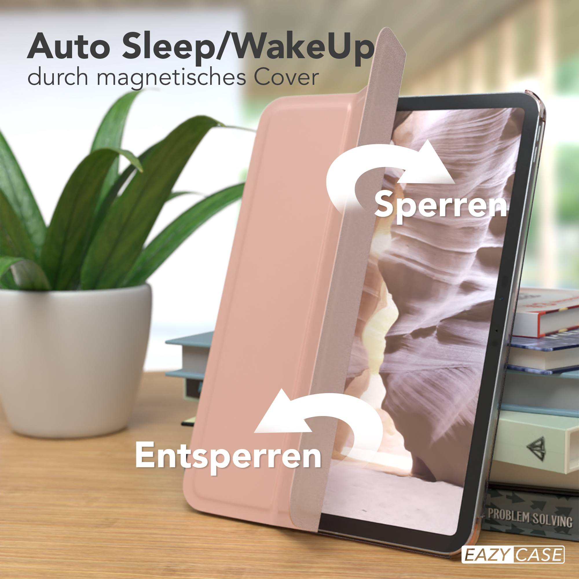 Eine rosa Tablet-Hülle ist geöffnet, mit Pfeilen, die die Verriegelungs- und Entriegelungsfunktionen anzeigen, und Text auf Deutsch.
