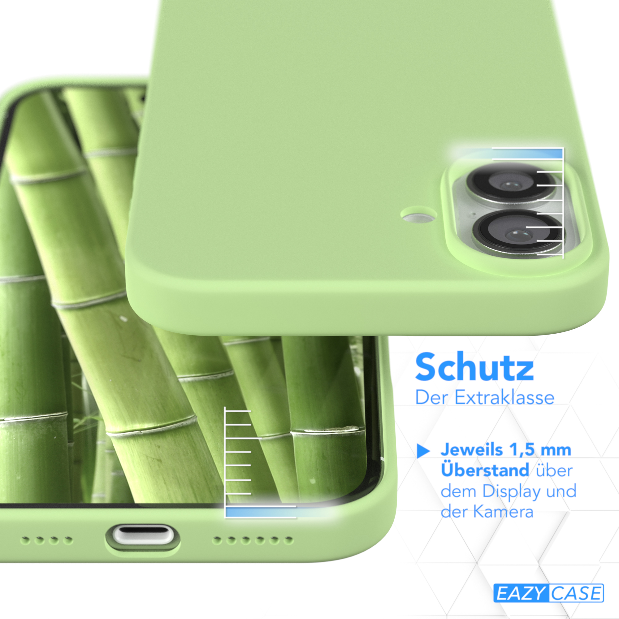 Grüne Handyhülle über Bambusstämmen. Zeigt Kameraausschnitte und Kantendetails.