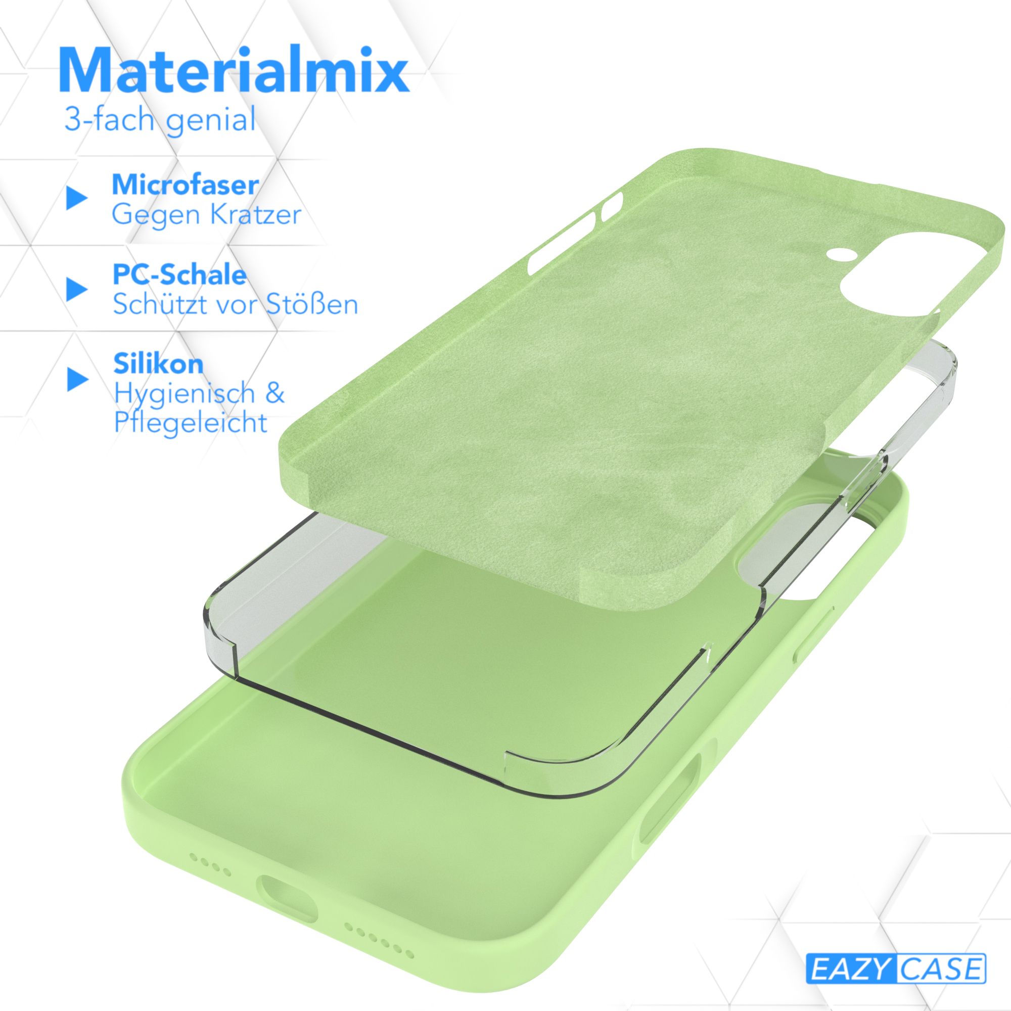 Eine Handyhülle mit geschichteten Materialien, darunter Mikrofaser, PC-Schale und Silikon.