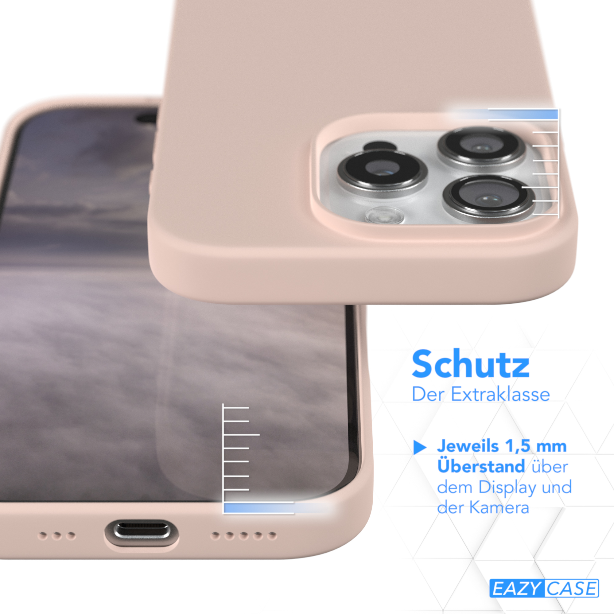 Rosafarbene Handyhülle mit teilweise eingelegtem Telefon. Text besagt Schutz und Extraklasse.