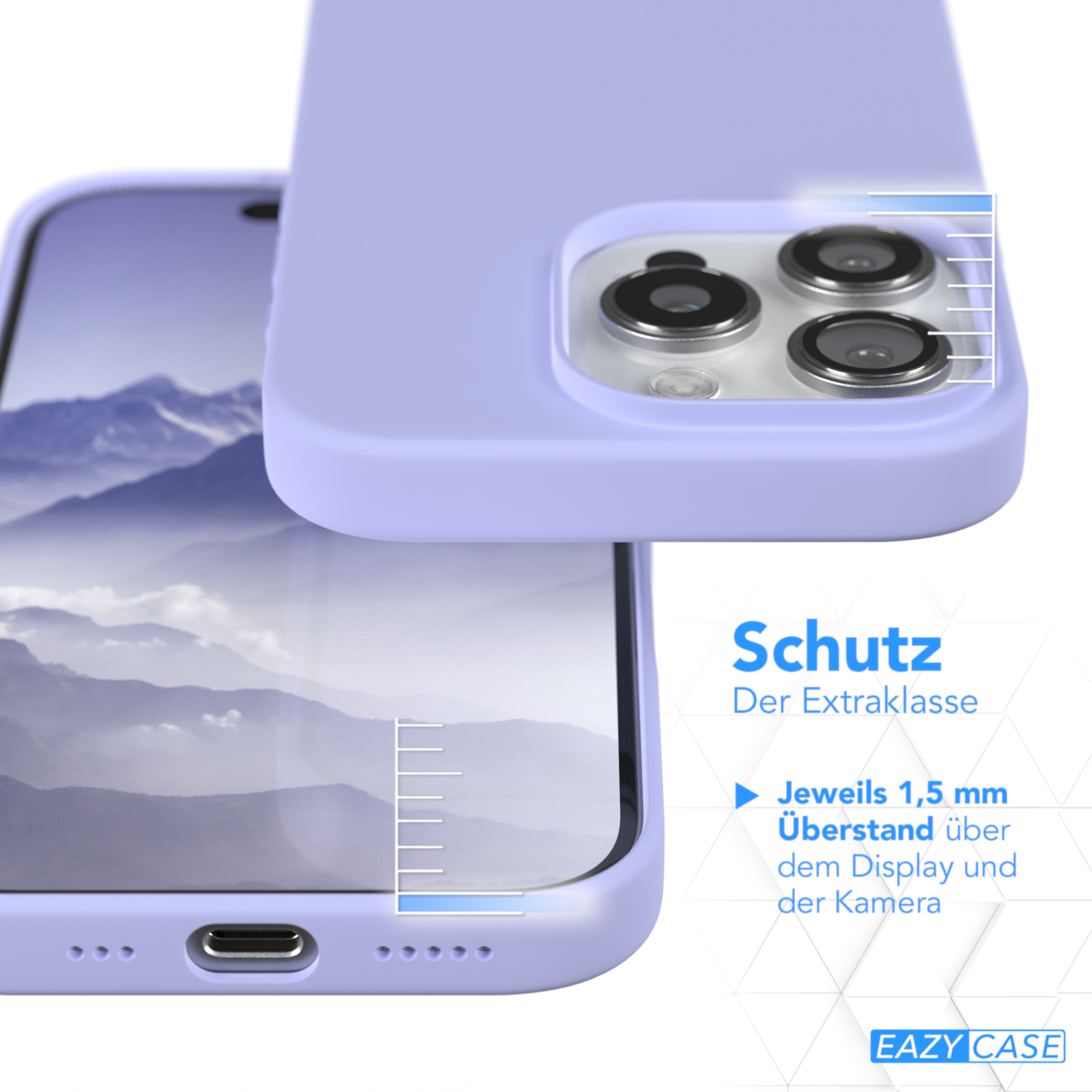 Nahaufnahme eines Telefons mit lila Hülle. Text: Schutz. Pfeile zeigen Maße.