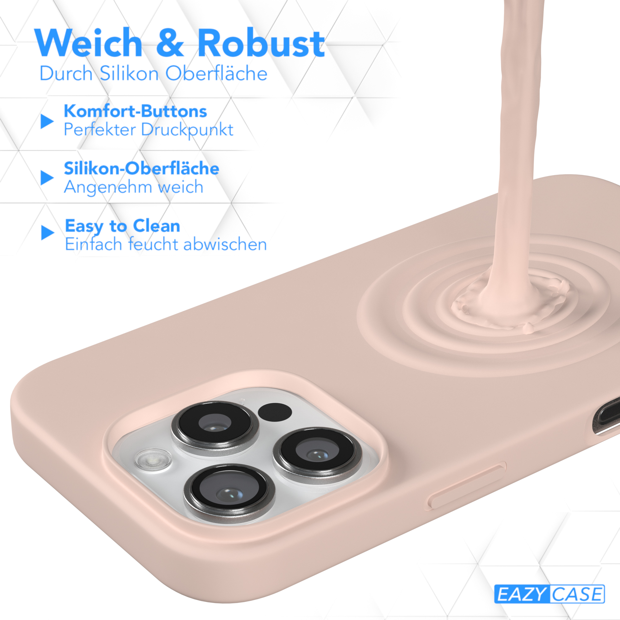 Eine rosa Handyhülle mit einem Flüssigkeitsspritzer. Der Text lautet Weich & Robust und Easy to Clean. Weißer Hintergrund.