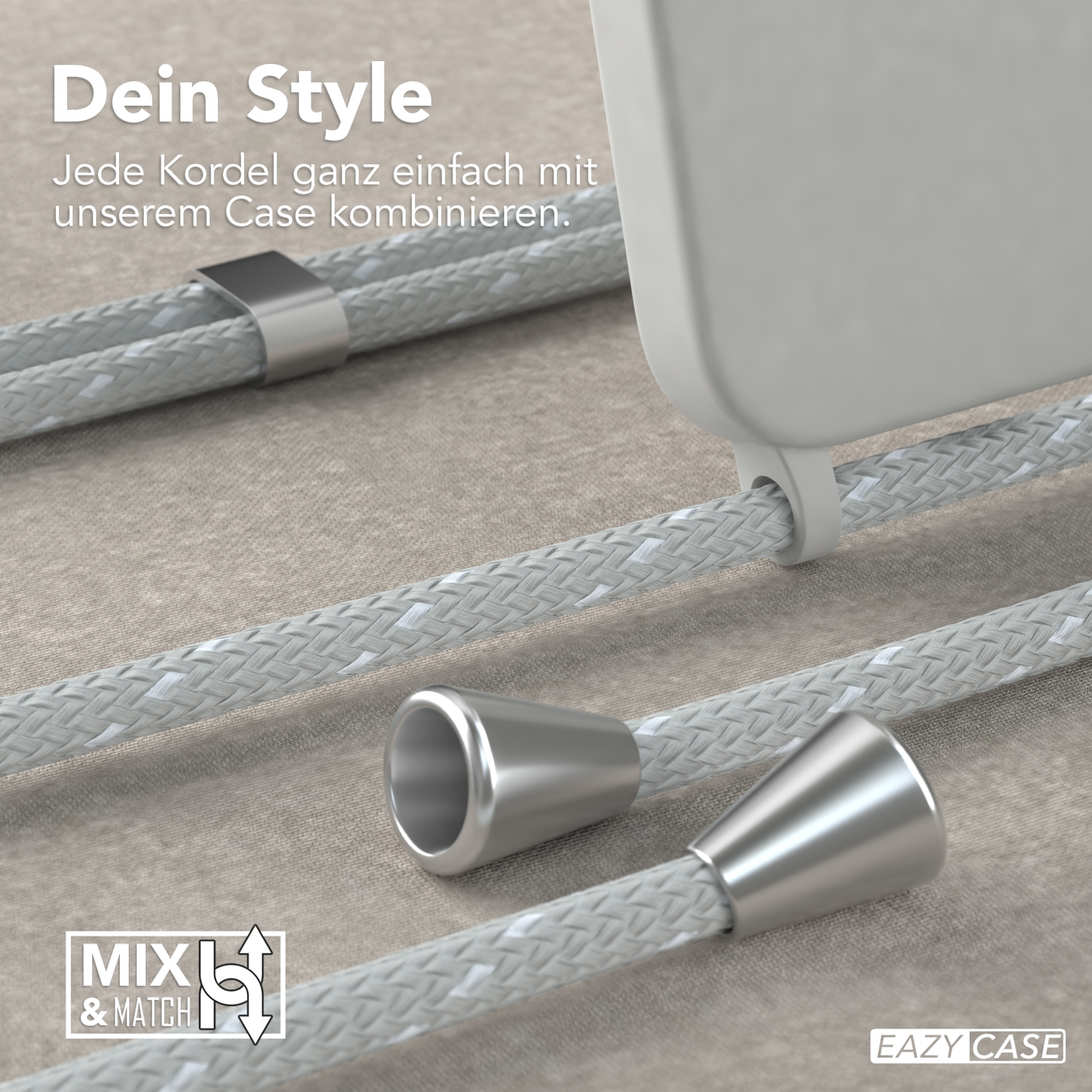 Nahaufnahme zeigt graue und silberne Kordeln mit Metallverbindern. MIX & MATCH steht da.