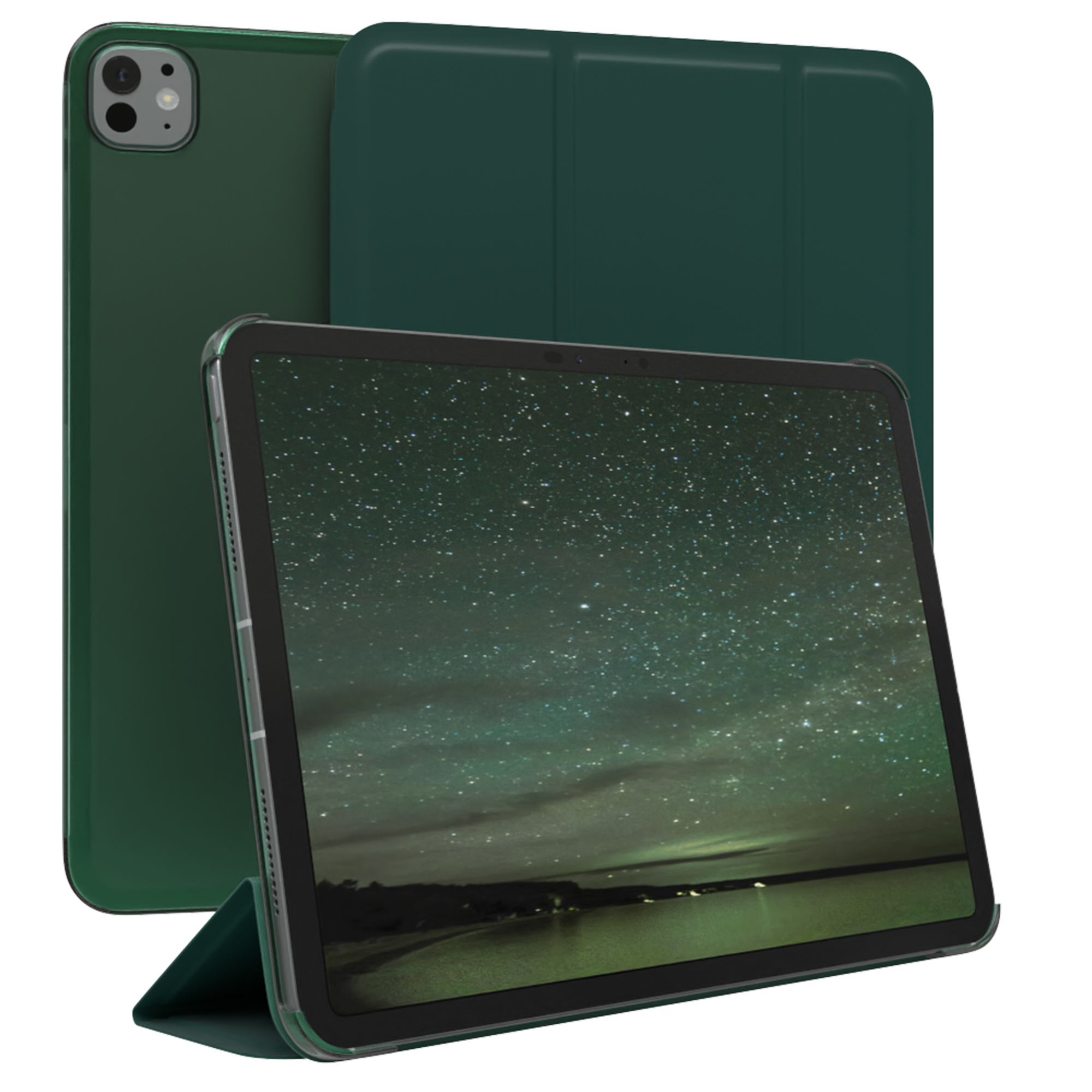 Ein grünes Tablet mit Hülle, das eine Nachthimmel-Szene zeigt, auf weißem Hintergrund.