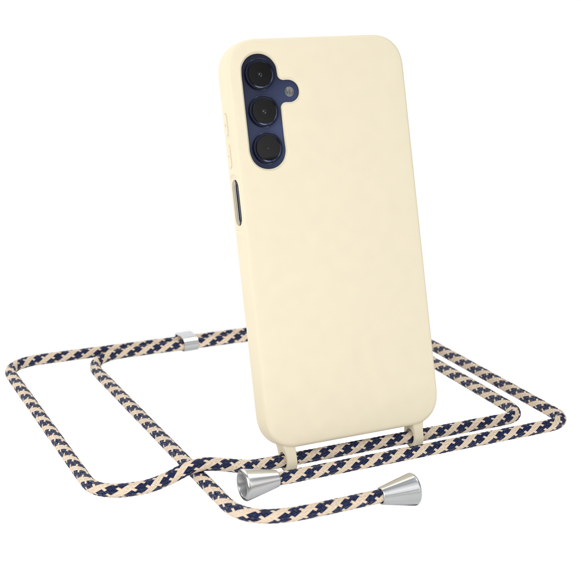 Eine beige Handyhülle mit Umhängeband. Das Telefon hat drei Rückkameras.