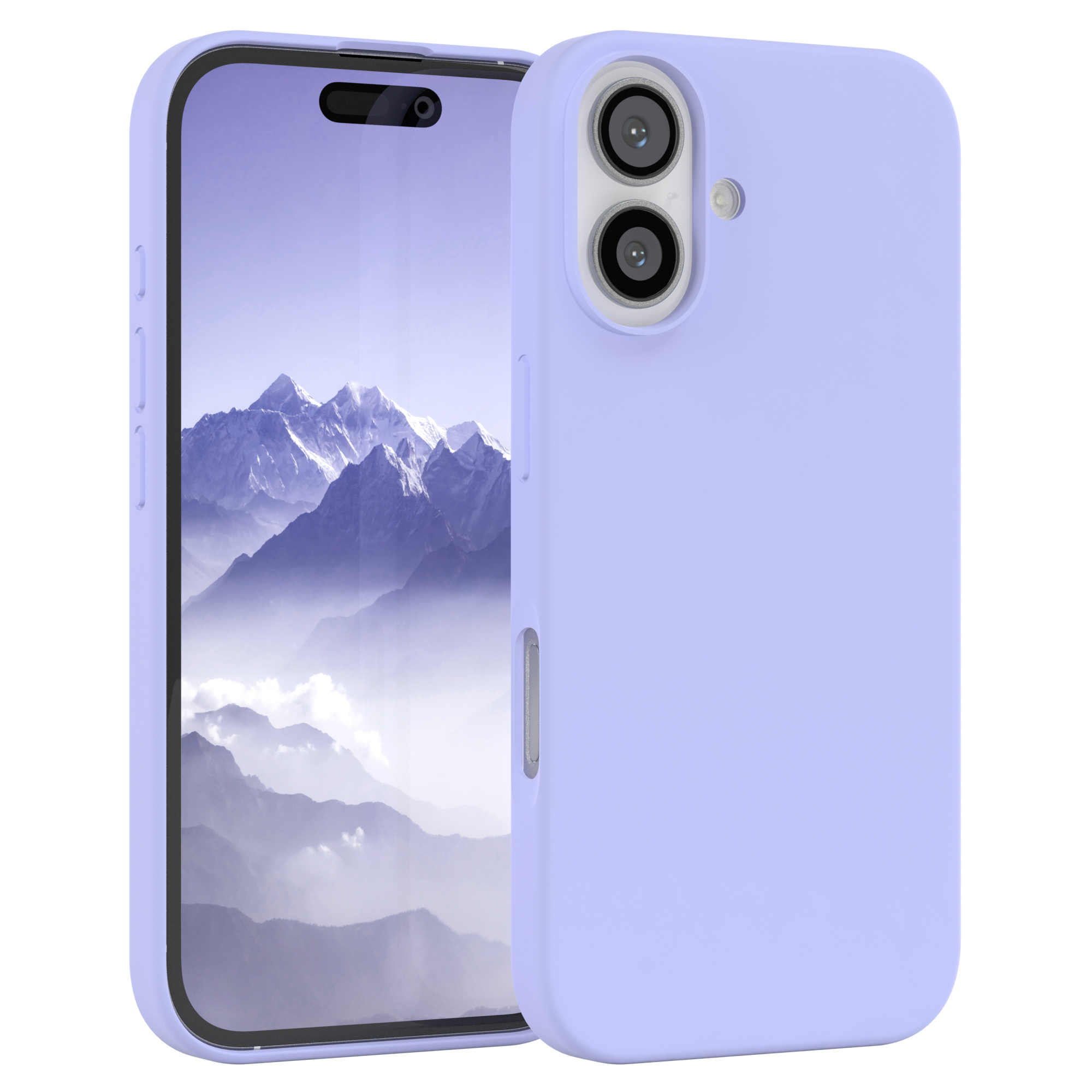 Lila Handyhülle für ein Smartphone. Sie bedeckt Rückseite und Seiten. Weißer Hintergrund.