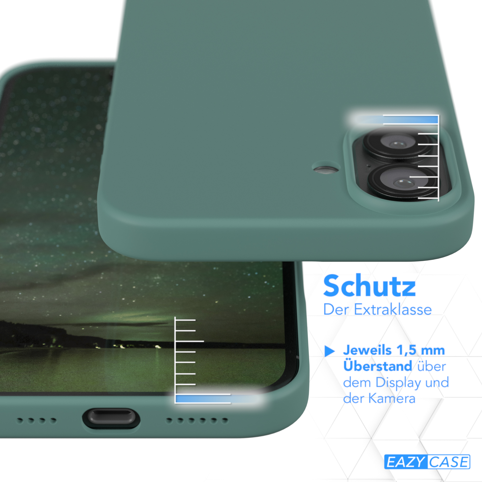 Türkisfarbene Handyhülle auf einem Telefon. Text: Schutz Der Extraklasse. Telefon hat Kamera und Bildschirm.