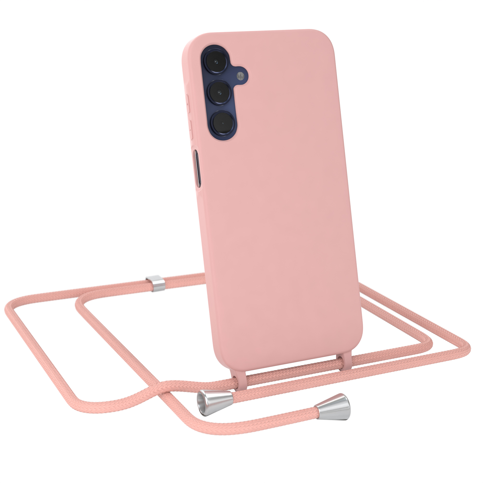 Eine rosa Handyhülle mit Telefon und passendem rosa Kabel.