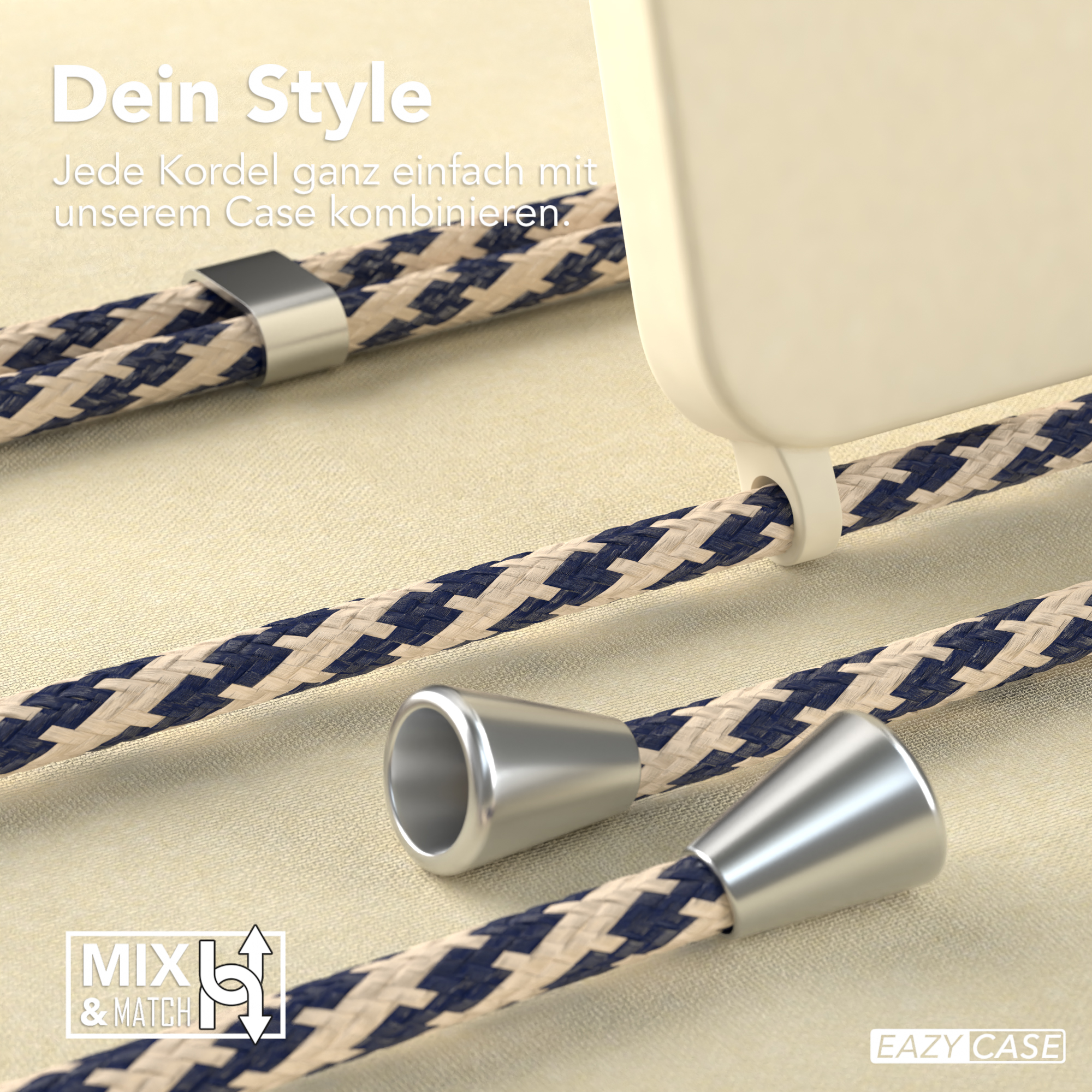 Nahaufnahme einer Handyhülle und eines Umhängebandes. Das Umhängeband ist blau und weiß.