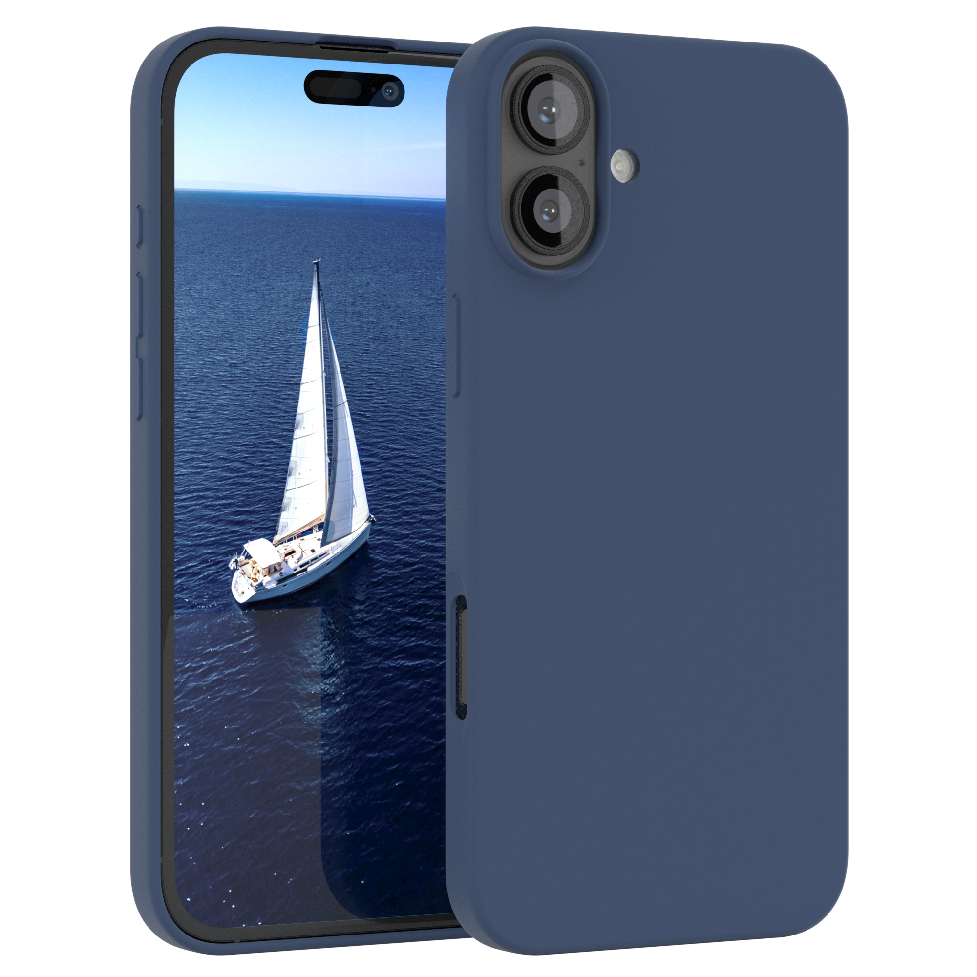 Navyblaues Telefon mit einem Bildschirm, der ein Segelboot auf See zeigt. Daneben ist eine passende marineblaue Hülle.