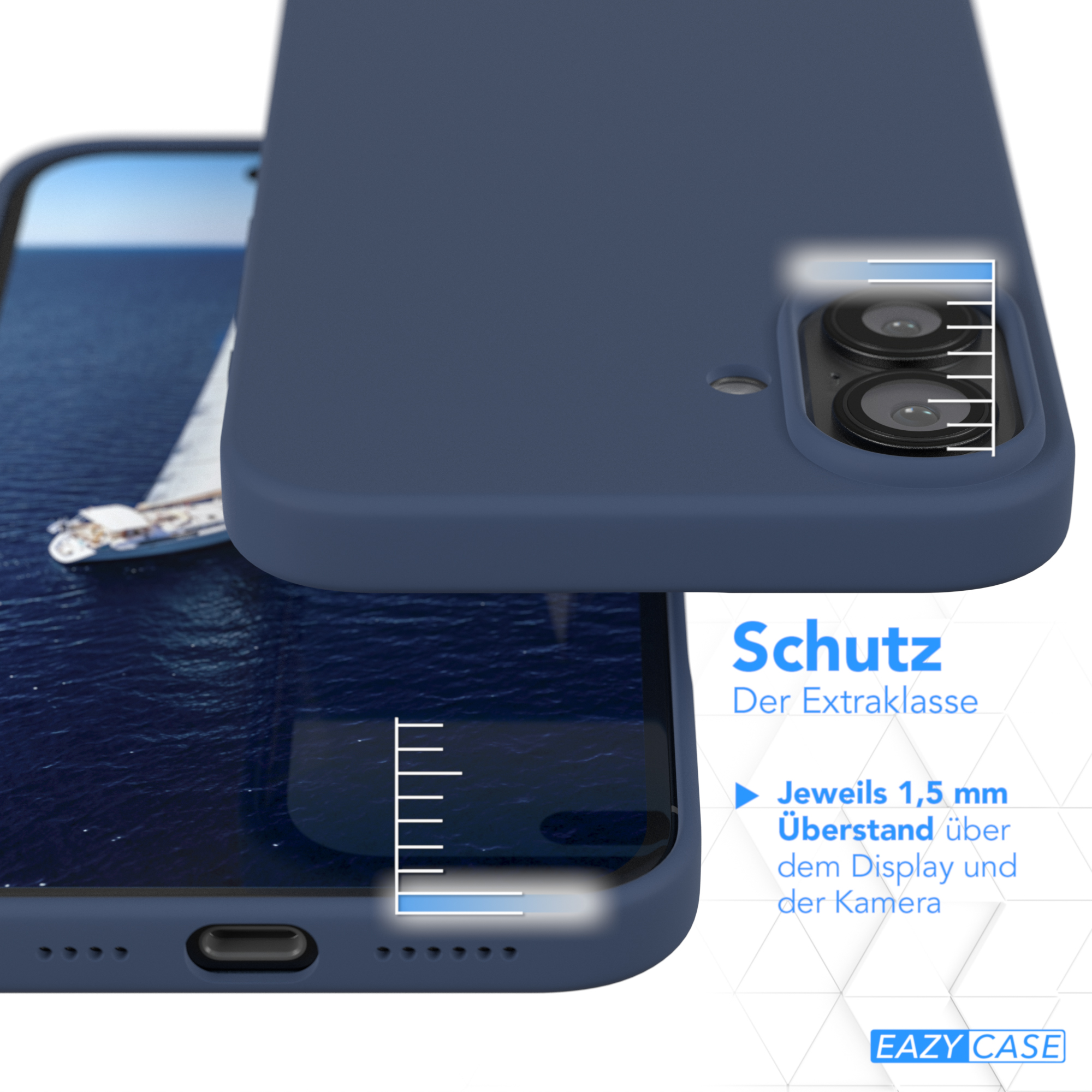 Eine blaue Handyhülle mit einem Telefon im Inneren. Es hat einen Kameraausschnitt und zeigt schützende Kanten.