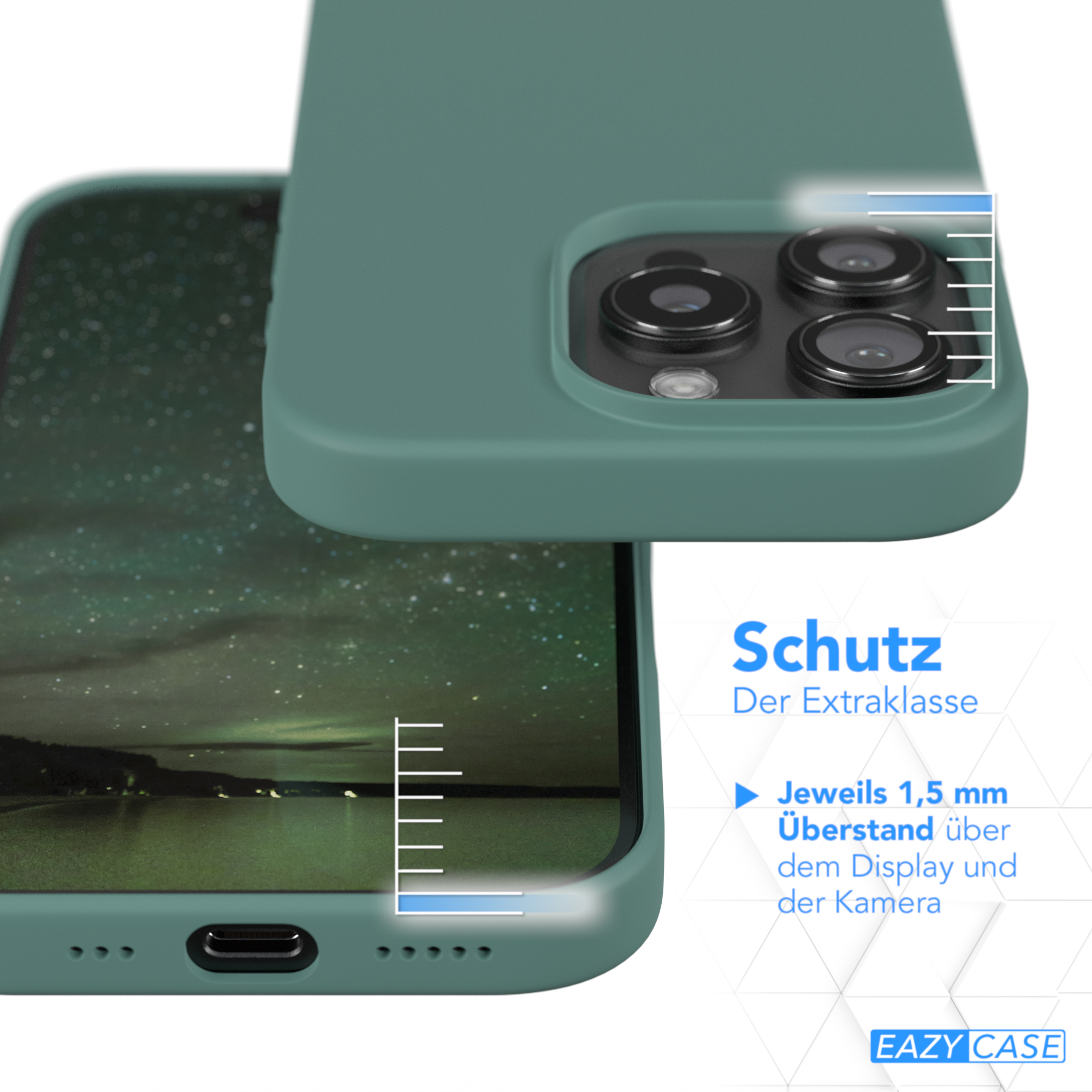 Nahaufnahme einer Handyhülle, die ein Handy schützt, mit Kamera und Seite des Handys.