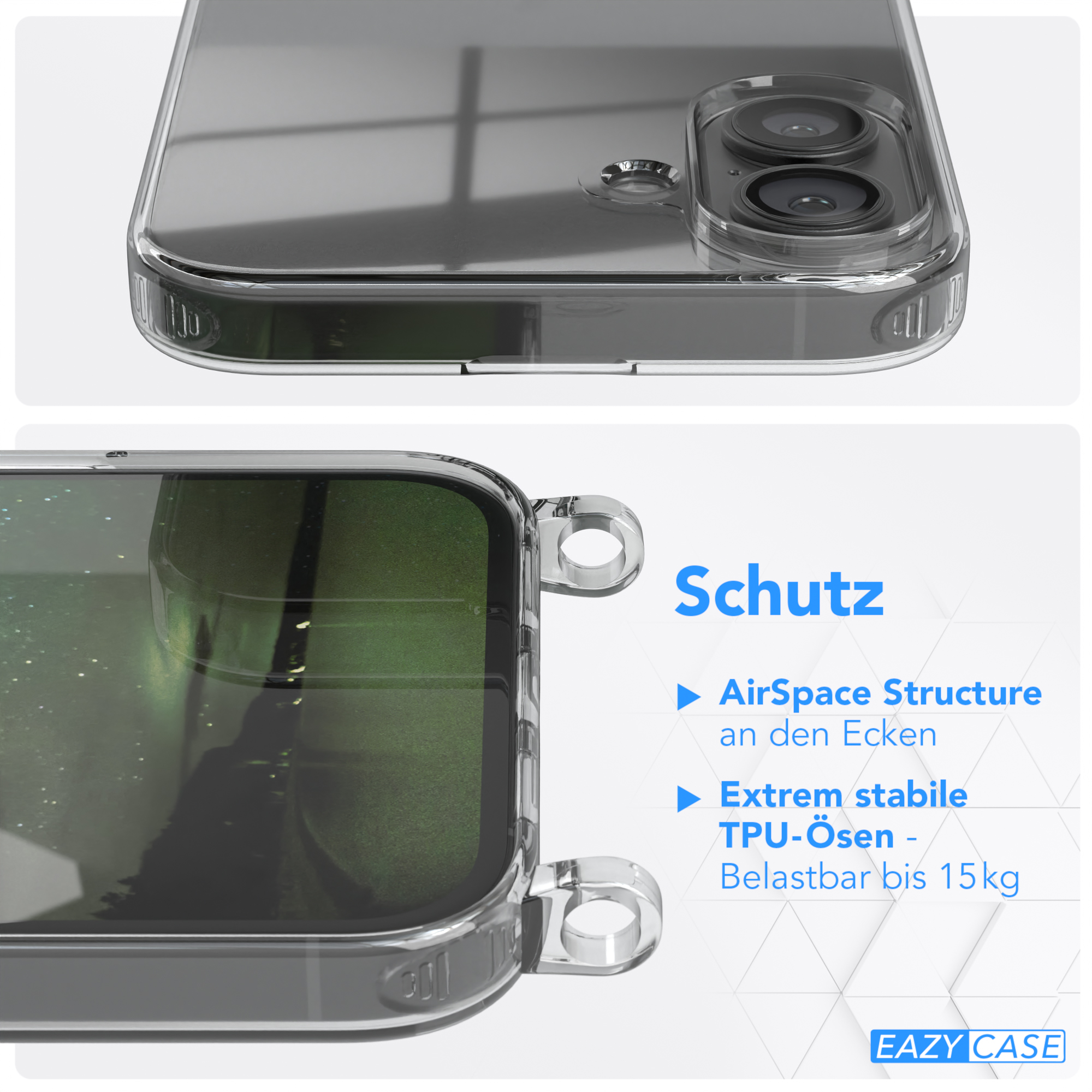 Transparente Handyhülle, Nahaufnahmen mit den Funktionen der Hülle und des Telefons.