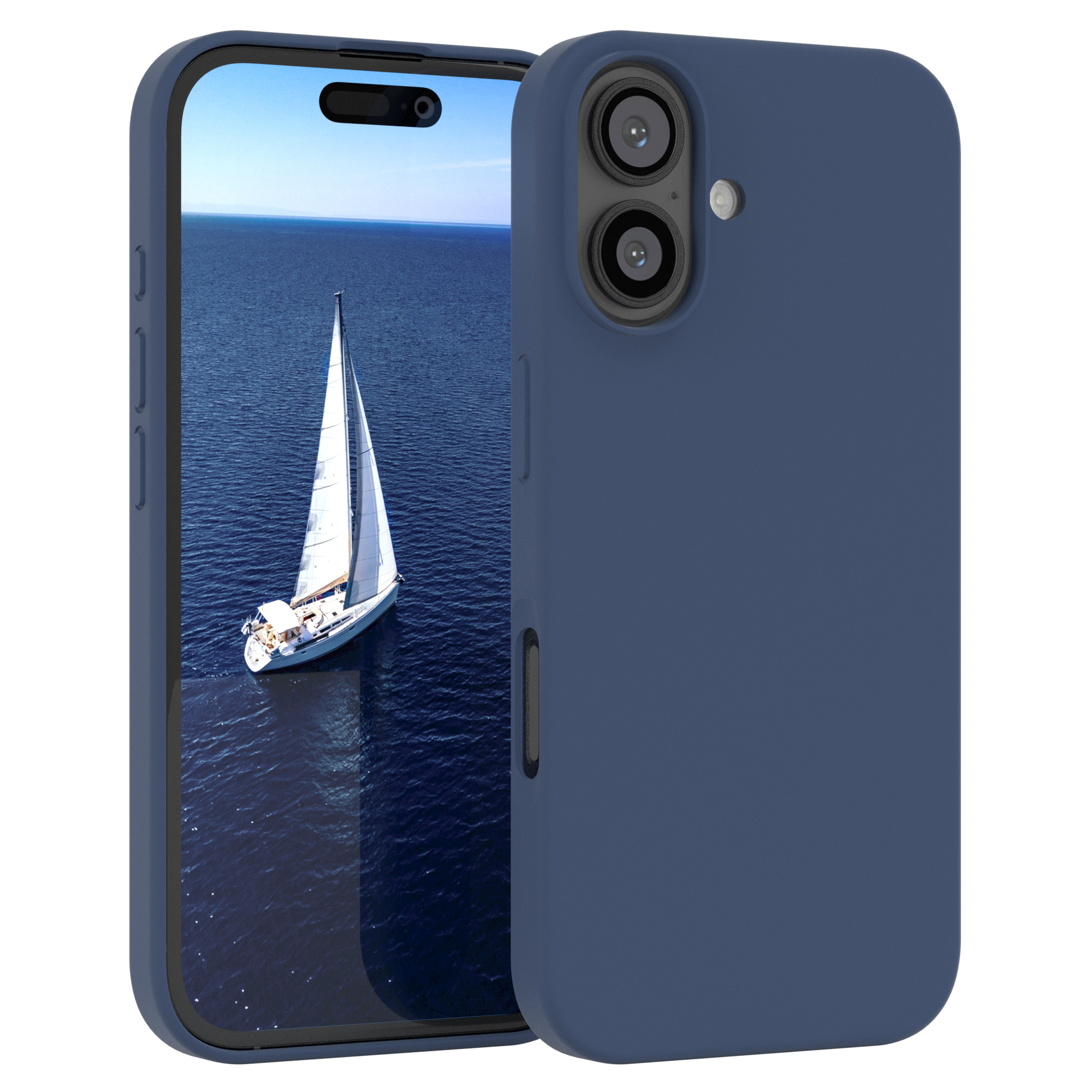 Smartphone in blauem Case, zeigt eine Seelandschaft mit Segelboot, vor weißem Hintergrund.