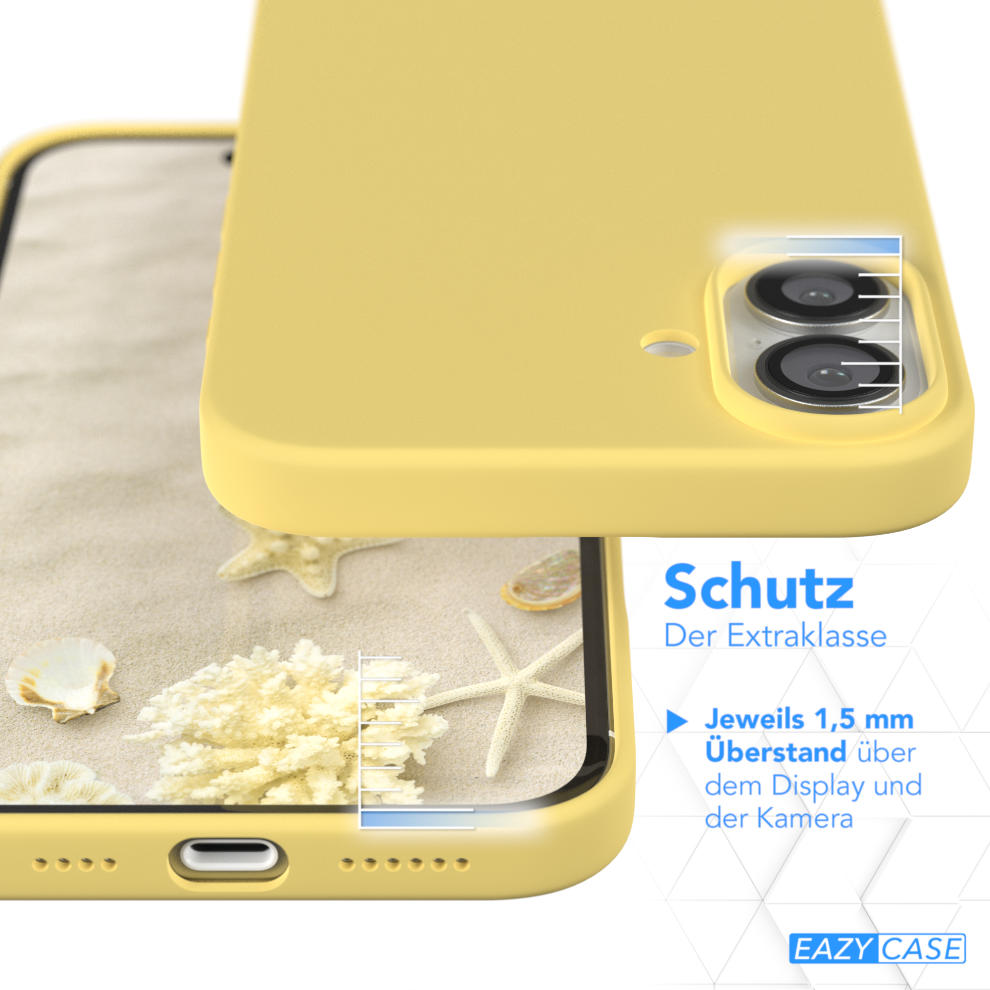 Gelbe Handyhülle über Sand mit Muscheln. Schutzfunktionen und Text auf Deutsch.