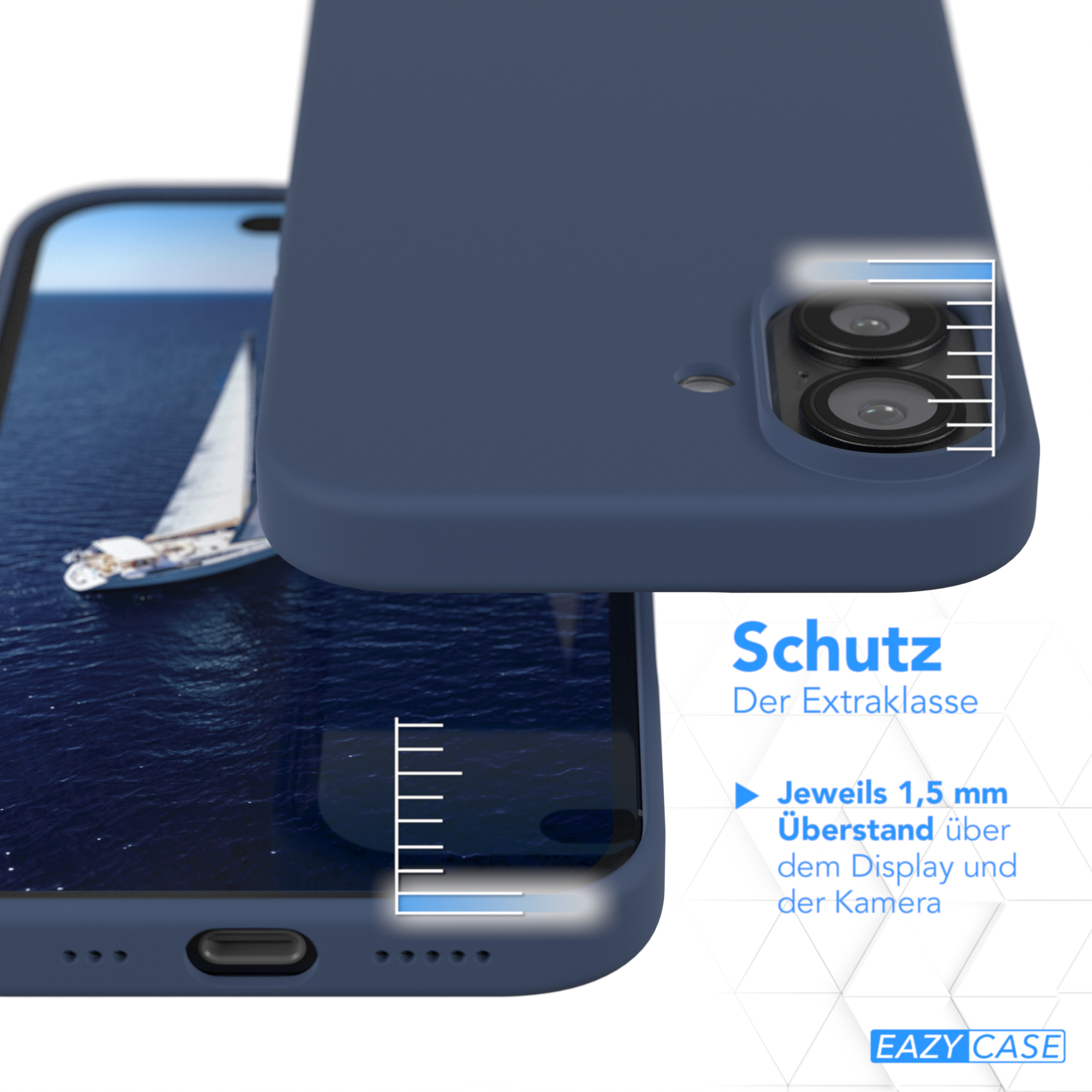 Eine blaue Handyhülle mit einem Telefon darin. Die Hülle bedeckt die Rückseite und die Kanten des Telefons.