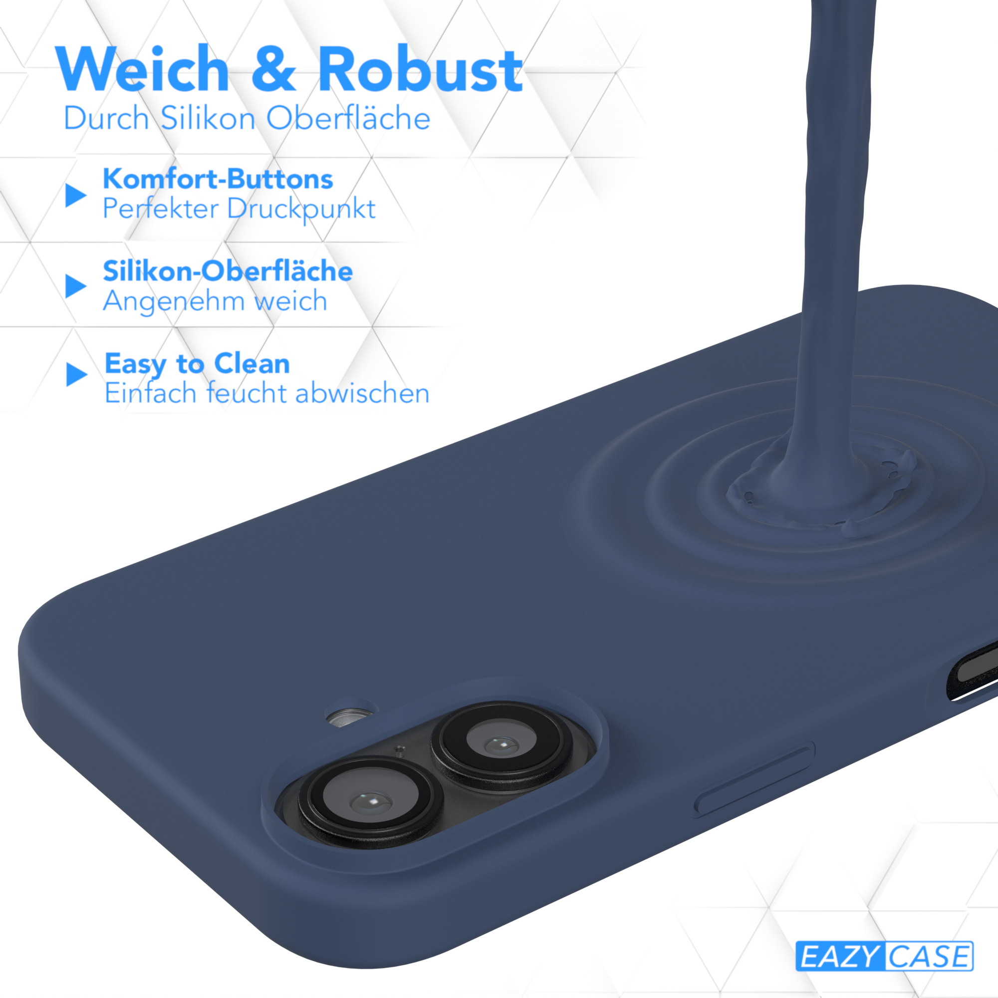 Blaue Handyhülle mit Flüssigkeitseffekt, zeigt die Kamera und Rückseite des Telefons.