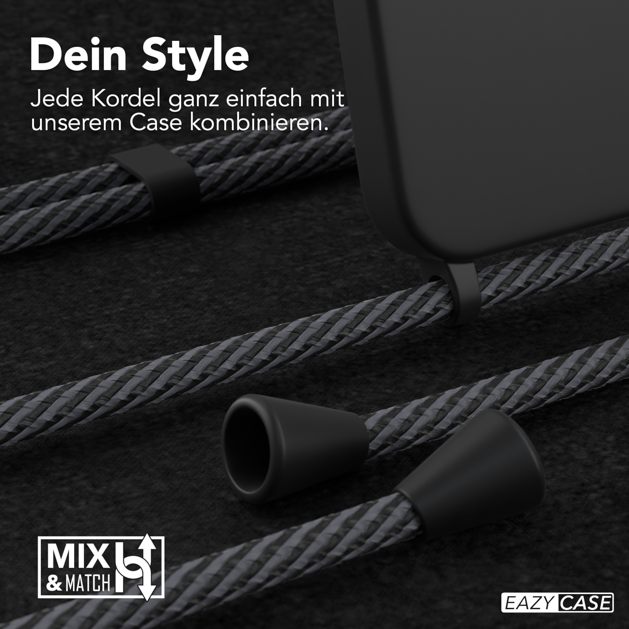 Nahaufnahme einer Handyhülle-Kordel. Die Hülle ist schwarz. Text: Dein Style, Jeder Kordel ganz einfach mit unserem Case kombinieren.
